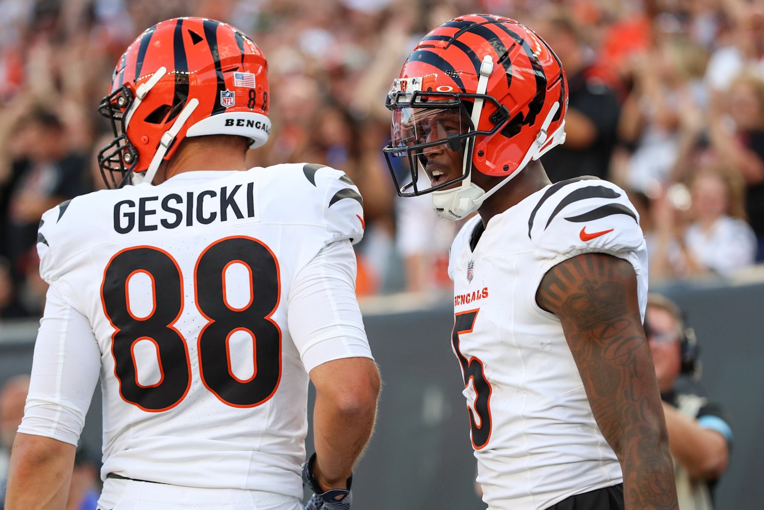 Bengals TE Mike Gesicki (left) and WR Tee Higgins (right) Bengals TE Mike Gesicki (left) and WR Tee Higgins (right)