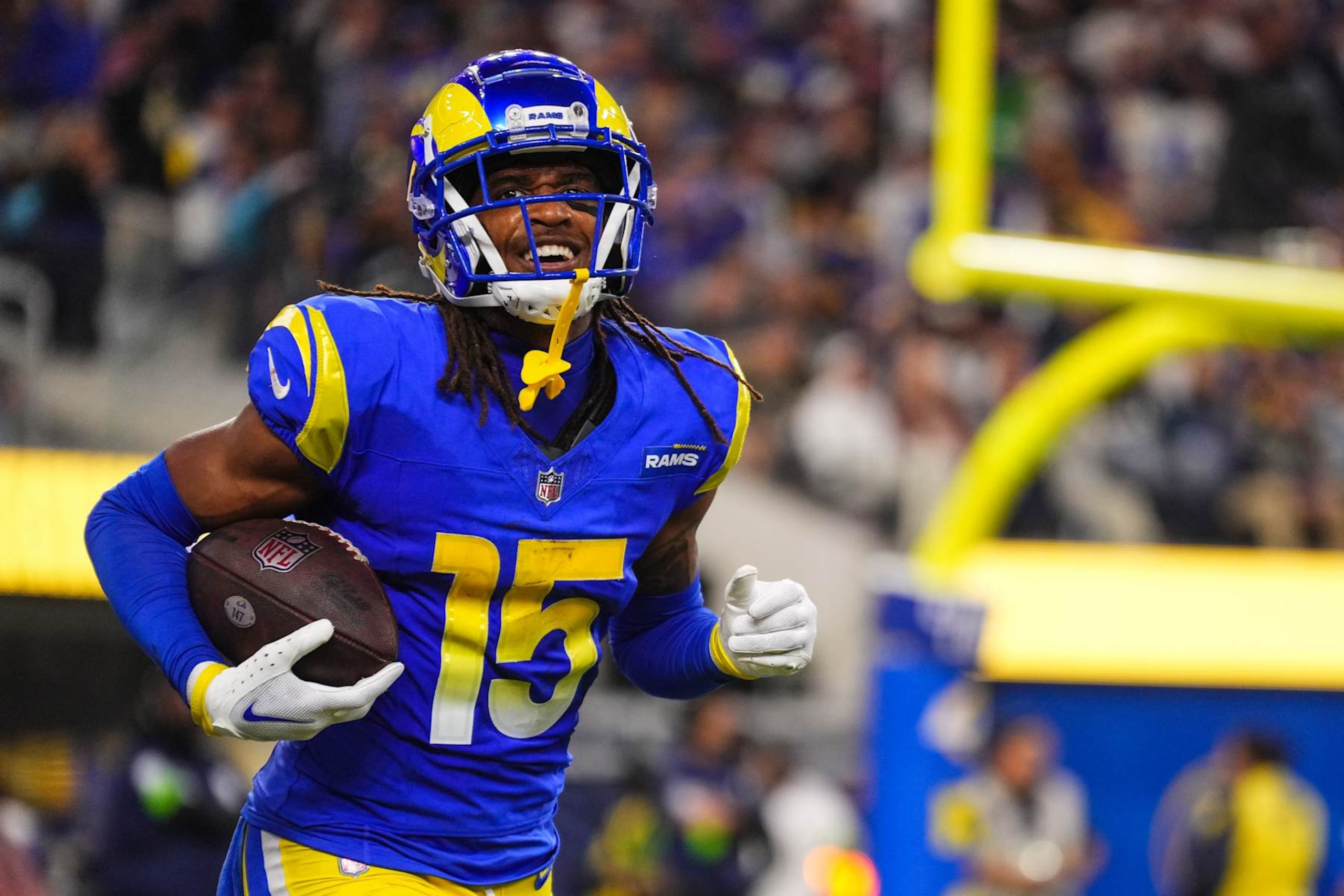 INGLEWOOD, CA - DECEMBER 21: Demarcus Robinson #15 of the Los Angeles Rams celebrates during an NFL football game against the New Orleans Saints at SoFi Stadium on December 21, 2023 in Inglewood, California. (Photo by Cooper Neill/Getty Images) INGLEWOOD, CA - DECEMBER 21: Demarcus Robinson #15 of the Los Angeles Rams celebrates during an NFL football game against the New Orleans Saints at SoFi Stadium on December 21, 2023 in Inglewood, California. (Photo by Cooper Neill/Getty Images)