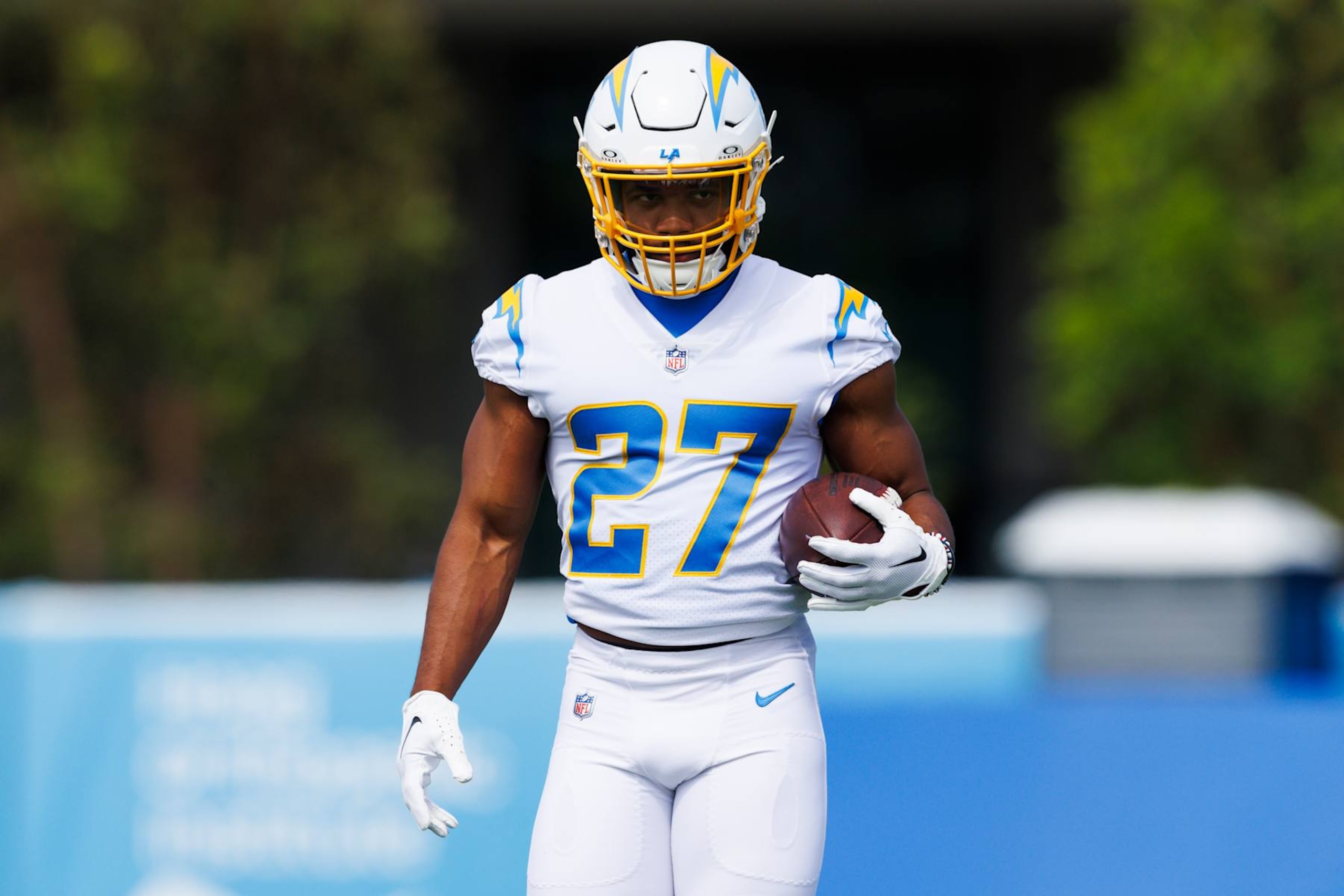 COSTA MESA, CALIFORNIA - JUNE 13: J.K. Dobbins #27 of the Los Angeles Chargers runs with the ball during an NFL football practice at Hoag Performance Center on June 13, 2024 in Costa Mesa, California. (Photo by Ric Tapia/Getty Images) COSTA MESA, CALIFORNIA - JUNE 13: J.K. Dobbins #27 of the Los Angeles Chargers runs with the ball during an NFL football practice at Hoag Performance Center on June 13, 2024 in Costa Mesa, California. (Photo by Ric Tapia/Getty Images)