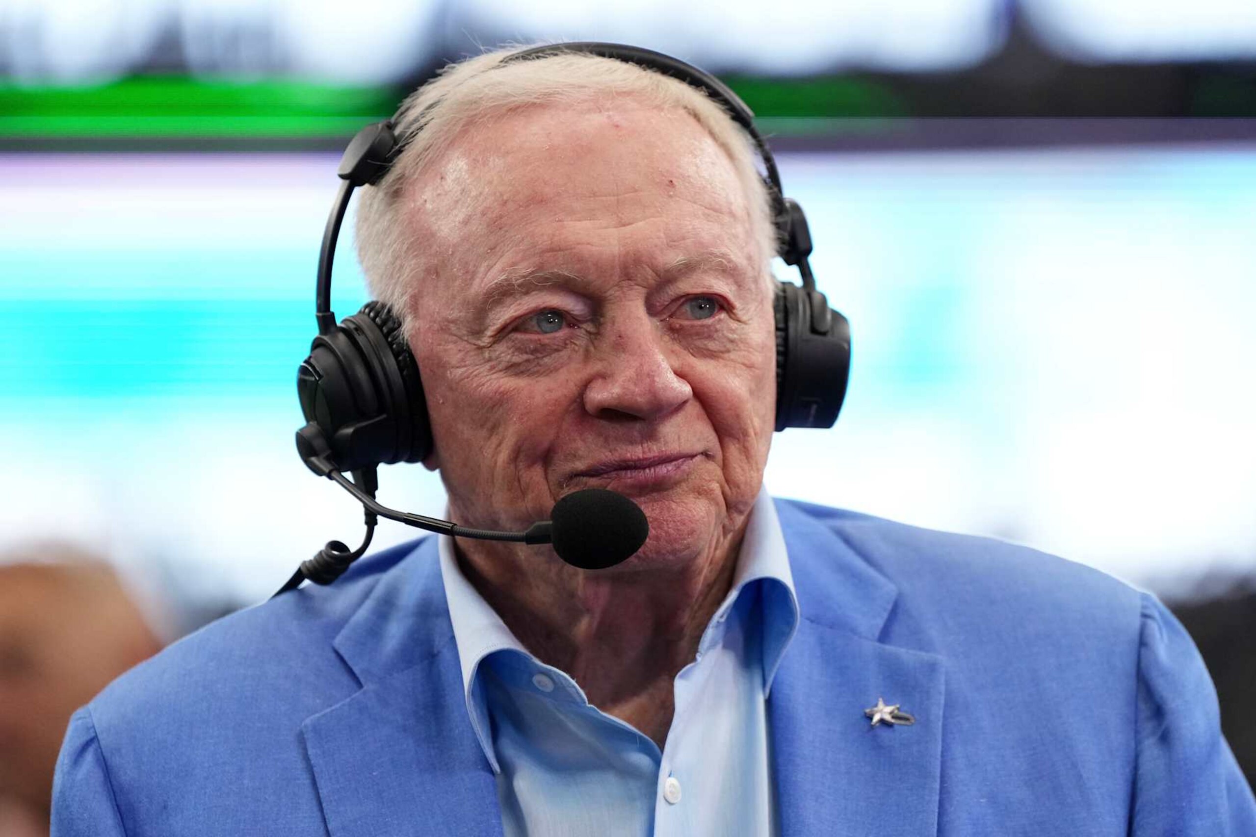 ARLINGTON, TEXAS - AUGUST 24: Dallas Cowboys owner Jerry Jones is interviewed before a preseason game against the Los Angeles Chargers at AT&T Stadium on August 24, 2024 in Arlington, Texas. (Photo by Sam Hodde/Getty Images)