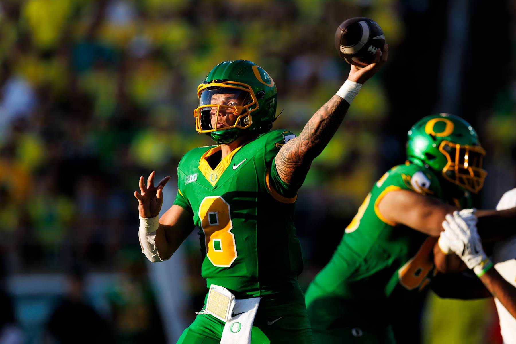 EUGENE, OREGON - AUGUST 31: Dillon Gabriel #8 of the Oregon Ducks throws during a game against Idaho Vandals at Autzen Stadium on August 31, 2024 in Eugene, Oregon. (Photo by Ric Tapia/Getty Images)