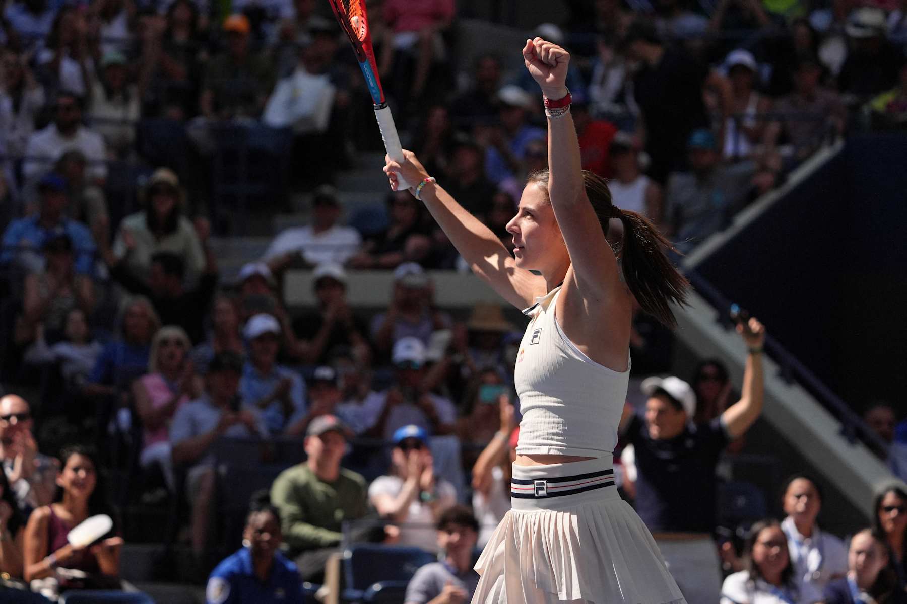 USA's Emma Navarro celebrates match point after defeating Spain's Paula Badosa during their women's quarterfinals match on day nine of the US Open tennis tournament at the USTA Billie Jean King National Tennis Center in New York City, on September 3, 2024. (Photo by TIMOTHY A. CLARY / AFP) (Photo by TIMOTHY A. CLARY/AFP via Getty Images)