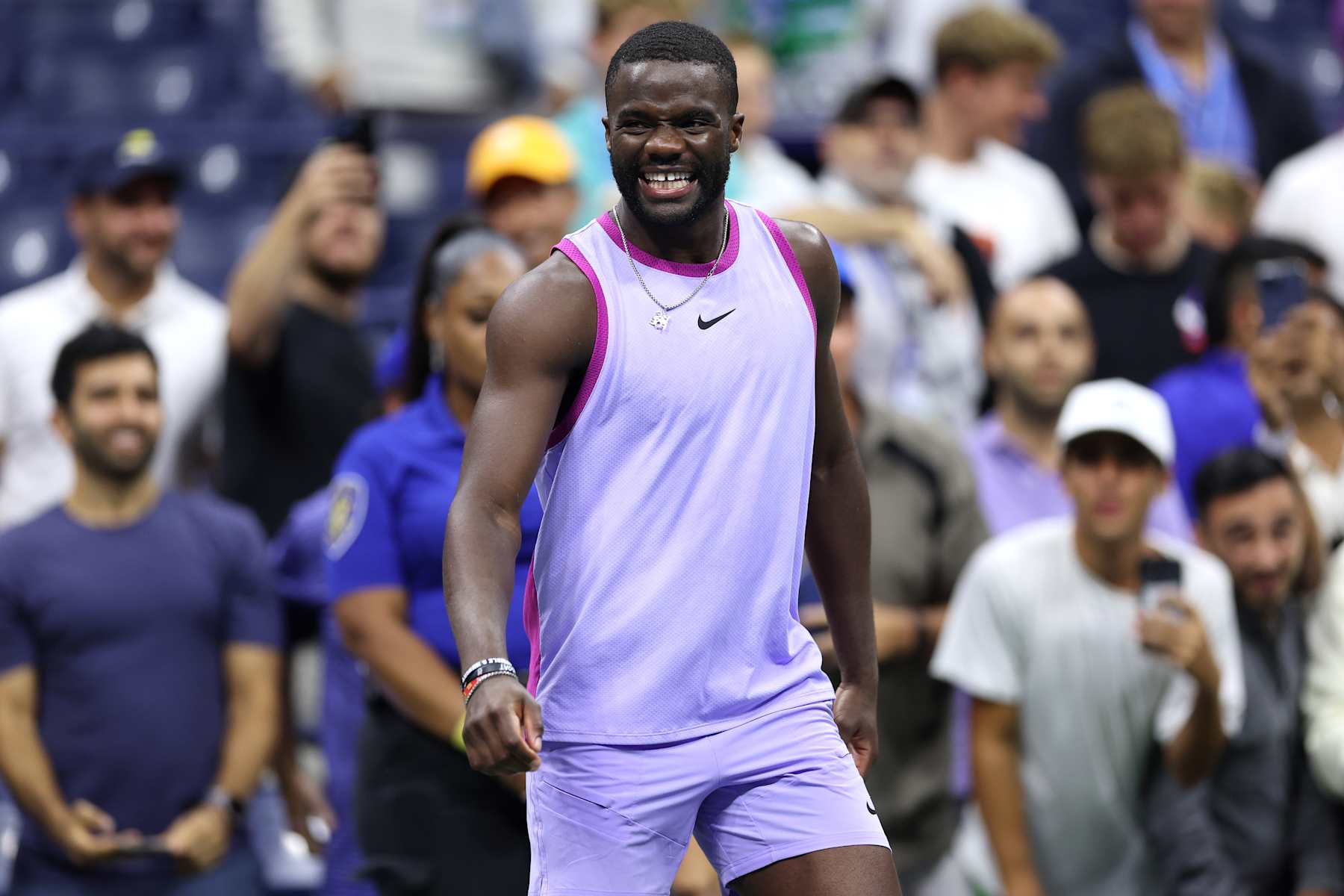 NEW YORK, NEW YORK - SEPTEMBER 03: Frances Tiafoe of the United States reacts after defeating Grigor Dimitrov of Bulgaria during their Men's Singles Quarterfinal match on Day Nine of the 2024 US Open at USTA Billie Jean King National Tennis Center on September 03, 2024 in the Flushing neighborhood of the Queens borough of New York City. (Photo by Jamie Squire/Getty Images)