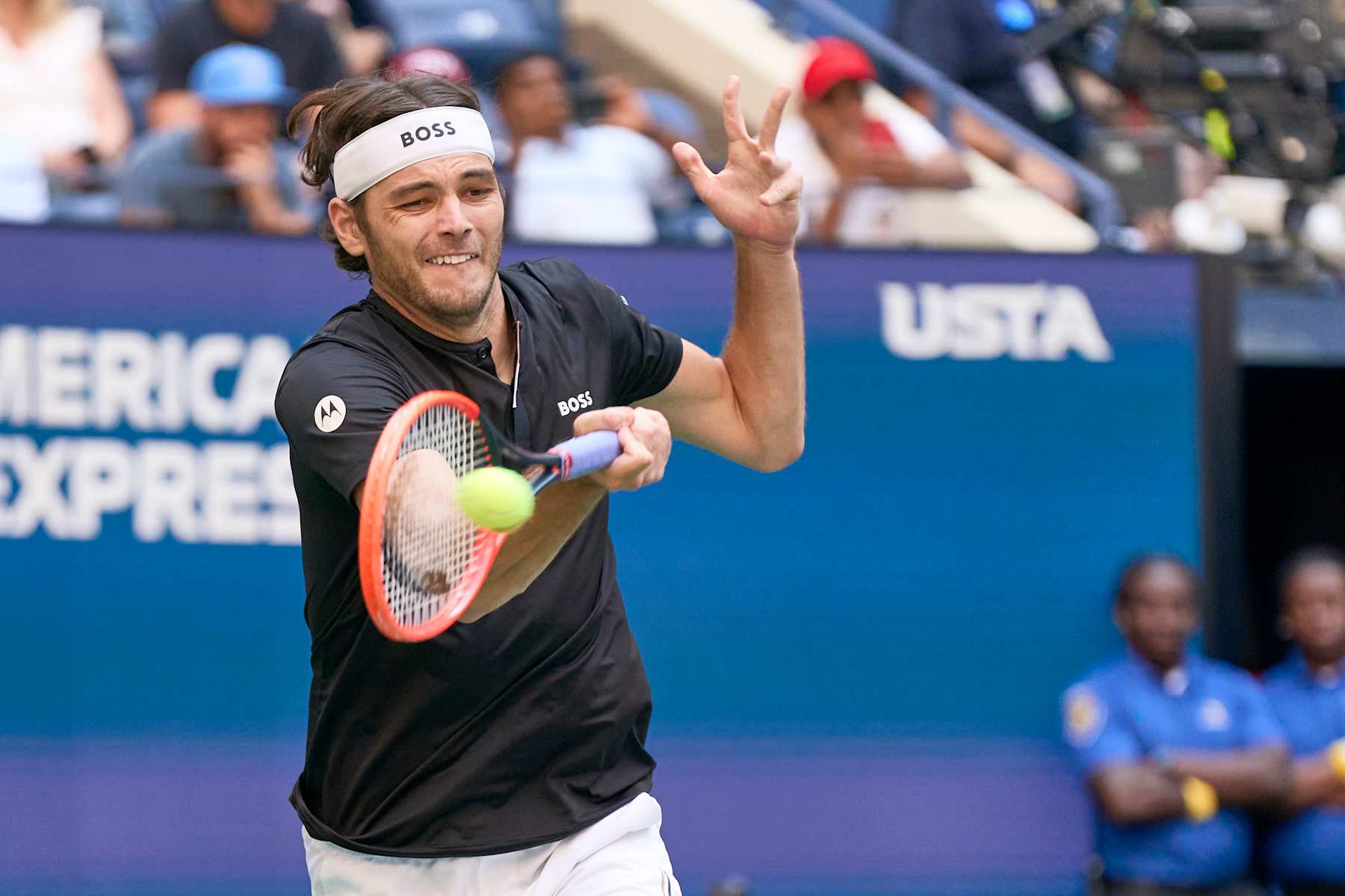 NEW YORK, NEW YORK - SEPTEMBER 3: Taylor Fritz of the United States plays a forehand against Alexander Zverev of Germany in the quarter finals on day 5 of the US Open at Arthur Ashe stadium at USTA Billie Jean King National Tennis Center on September 3, 2024 in New York City. (Photo by Peter van den Berg/ISI Photos/Getty Images)