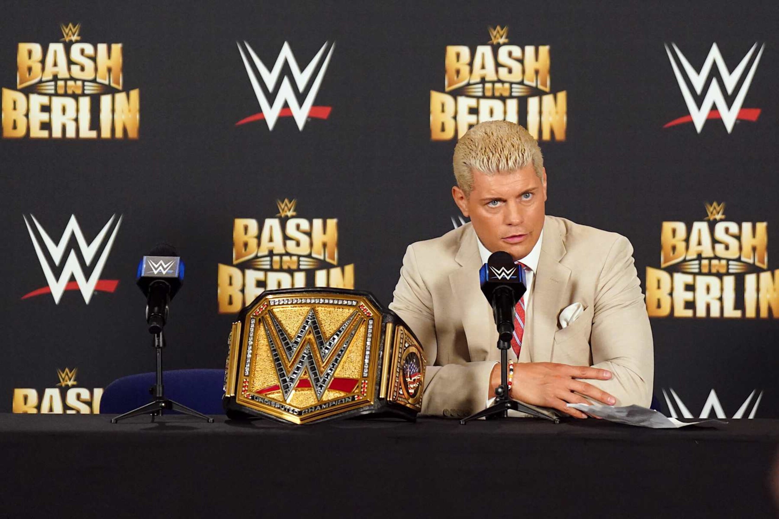 BERLIN, GERMANY - AUGUST 31: WWE Undisputed Universal Champion Cody Rhodes answers questions from the media during at this post match press conference following the WWE Bash in Berlin Premium Live Event at Uber Arena on August 31, 2024 in Berlin, Germany.  (Photo by WWE/Getty Images)
