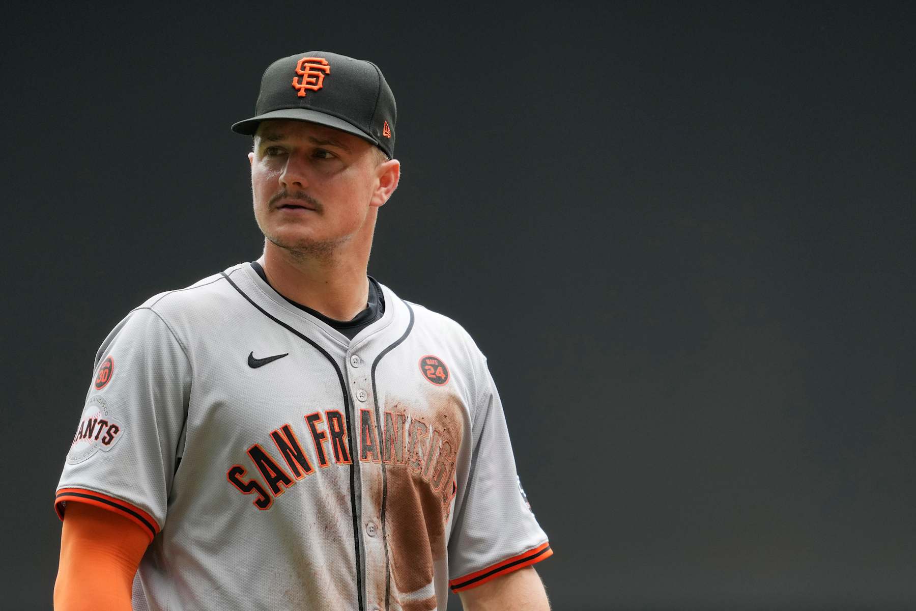 MILWAUKEE, WISCONSIN - AUGUST 29: Matt Chapman #26 of the San Francisco Giants in action in the first inning against the Milwaukee Brewers at American Family Field on August 29, 2024 in Milwaukee, Wisconsin. (Photo by Patrick McDermott/Getty Images)