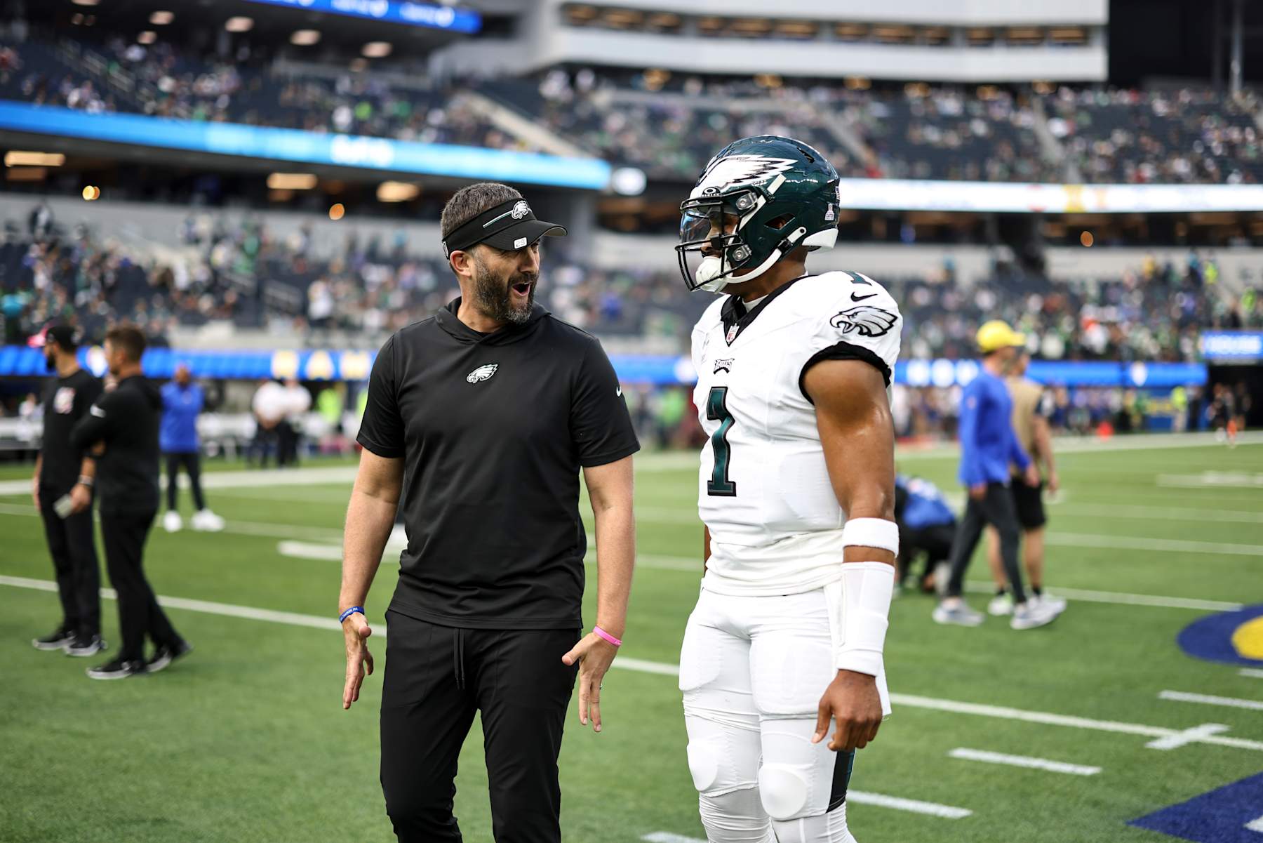 INGLEWOOD, CALIFORNIA - OCTOBER 08: Head coach Nick Sirianni of the Los Angeles Rams reacts with Jalen Hurts #1 of the Philadelphia Eagles prior to an NFL football game between the Los Angeles Rams and the Philadelphia Eagles at SoFi Stadium on October 08, 2023 in Inglewood, California. (Photo by Michael Owens/Getty Images)