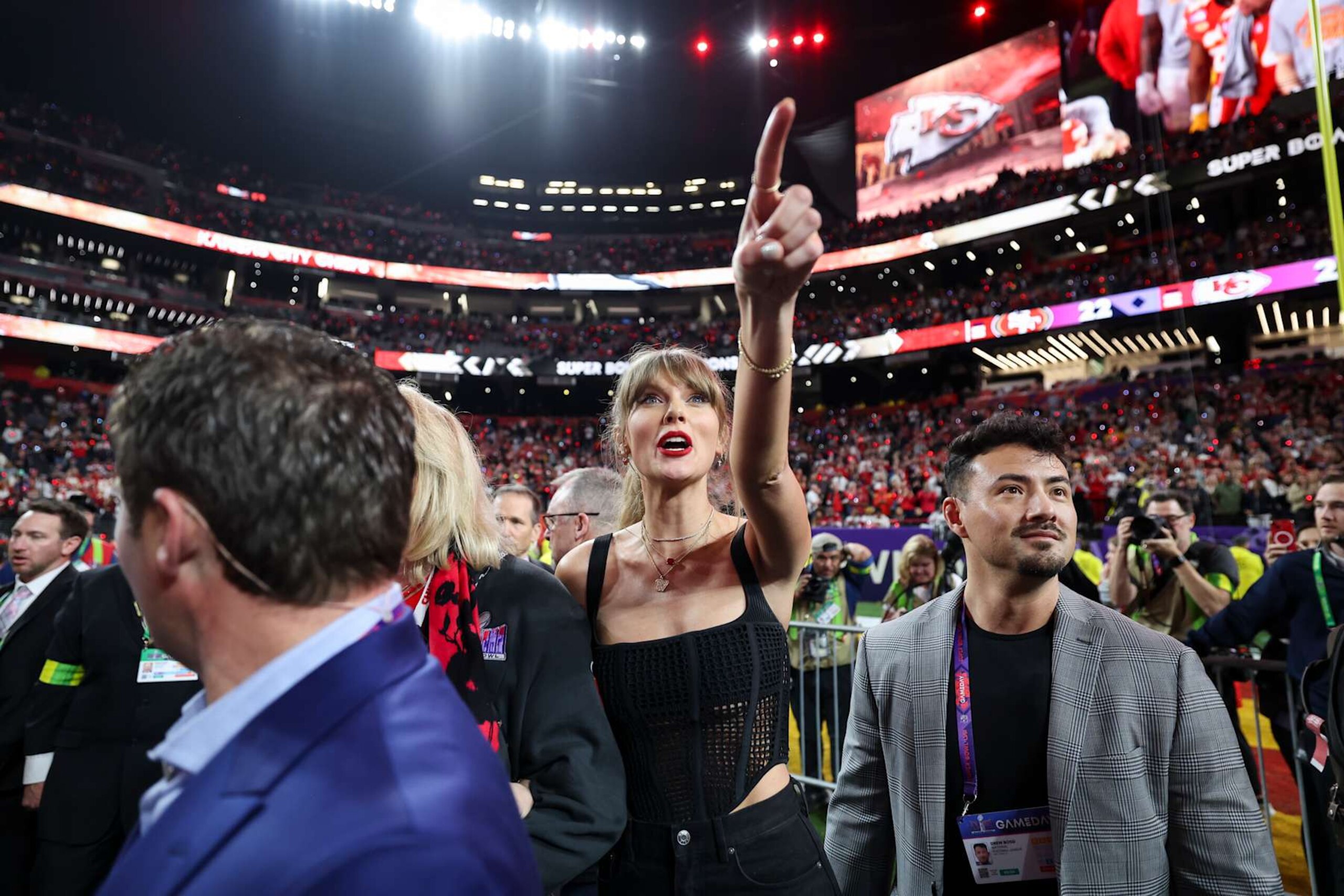 LAS VEGAS, NV - FEBRUARY 11: Taylor Swift celebrates after Super Bowl LVIII against the San Francisco 49ers at Allegiant Stadium on February 11, 2024 in Las Vegas, NV. (Photo by Perry Knotts/Getty Images)
