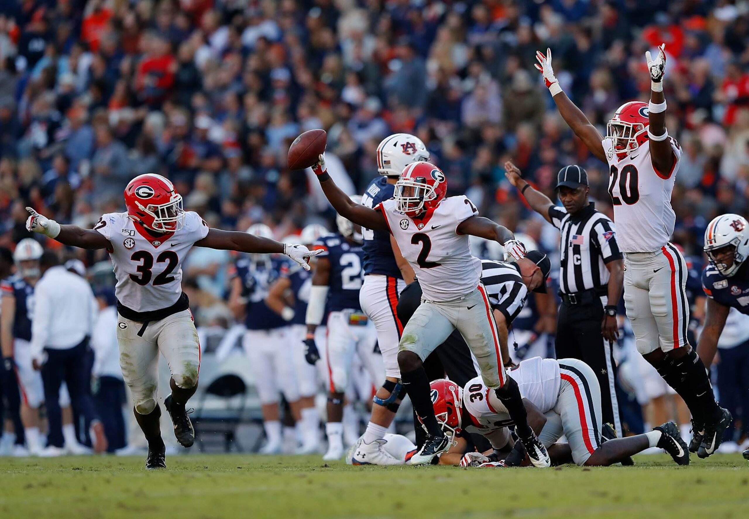 AUBURN, ALABAMA - NOVEMBER 16:  Richard LeCounte #2 of the Georgia Bulldogs reacts after recovering a fumble by Bo Nix #10 of the Auburn Tigers in the first half at Jordan-Hare Stadium on November 16, 2019 in Auburn, Alabama. (Photo by Kevin C. Cox/Getty Images)