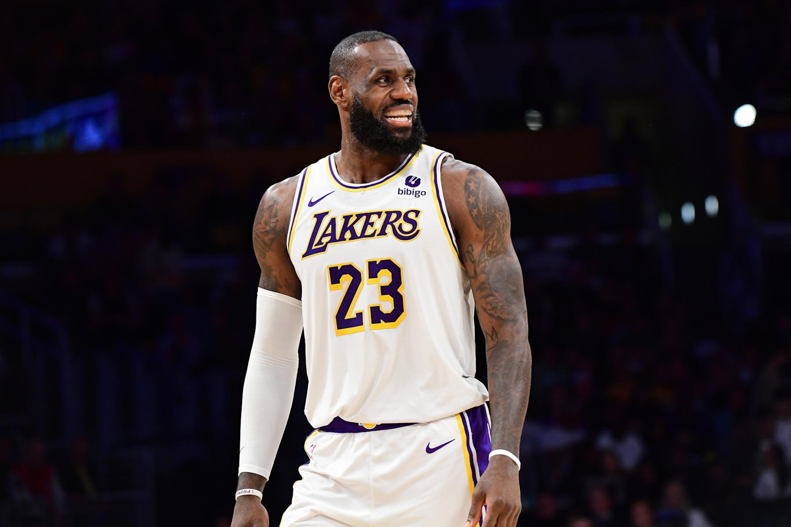 LOS ANGELES, CA - APRIL 27: LeBron James #23 of the Los Angeles Lakers looks on during the game against the Denver Nuggets during Round 1 Game 4 of the 2024 NBA Playoffs on April 27, 2024 at Crypto.Com Arena in Los Angeles, California. NOTE TO USER: User expressly acknowledges and agrees that, by downloading and/or using this Photograph, user is consenting to the terms and conditions of the Getty Images License Agreement. Mandatory Copyright Notice: Copyright 2024 NBAE (Photo by Adam Pantozzi/NBAE via Getty Images)