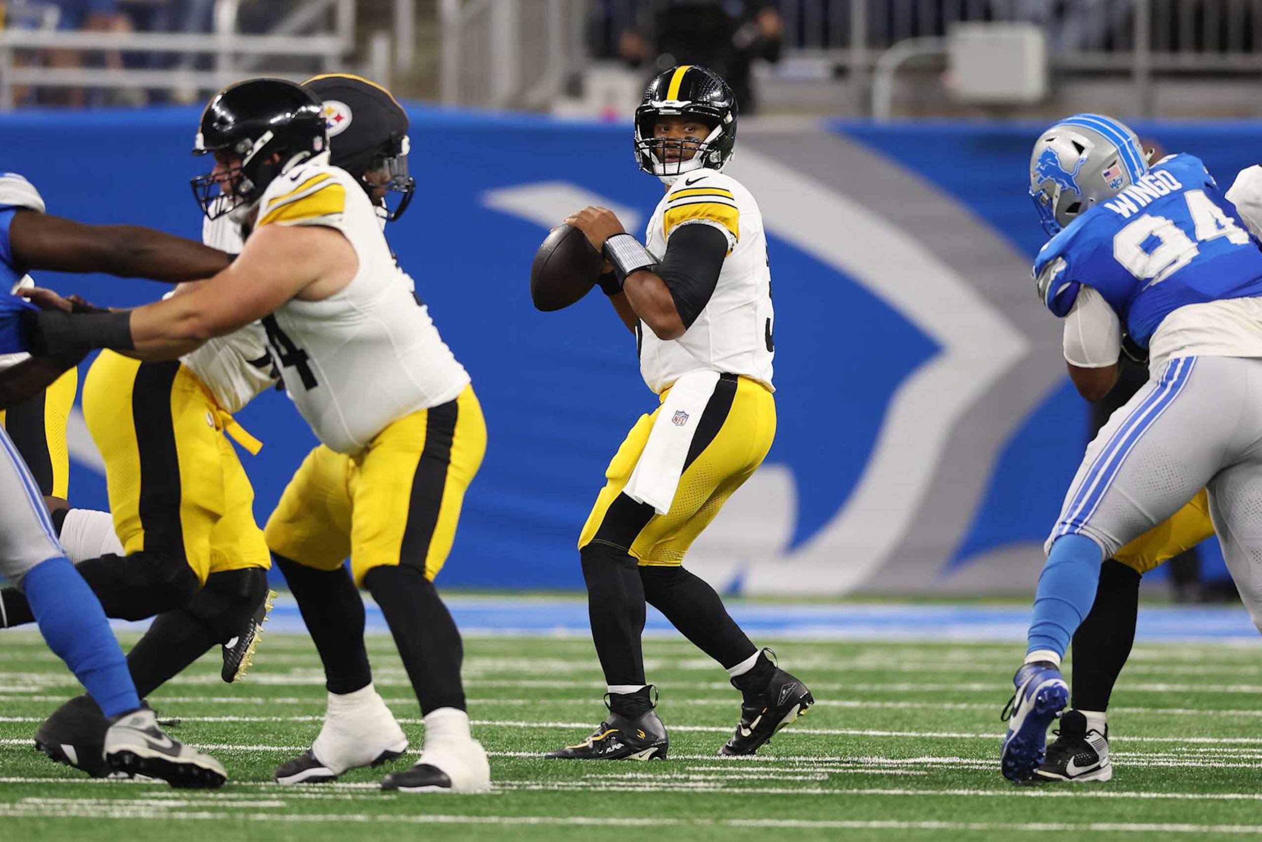 DETROIT, MICHIGAN - AUGUST 24: Russell Wilson #3 of the Pittsburgh Steelers throws a first quarter pass against the Detroit Lions in a preseason game at Ford Field on August 24, 2024 in Detroit, Michigan. (Photo by Gregory Shamus/Getty Images)