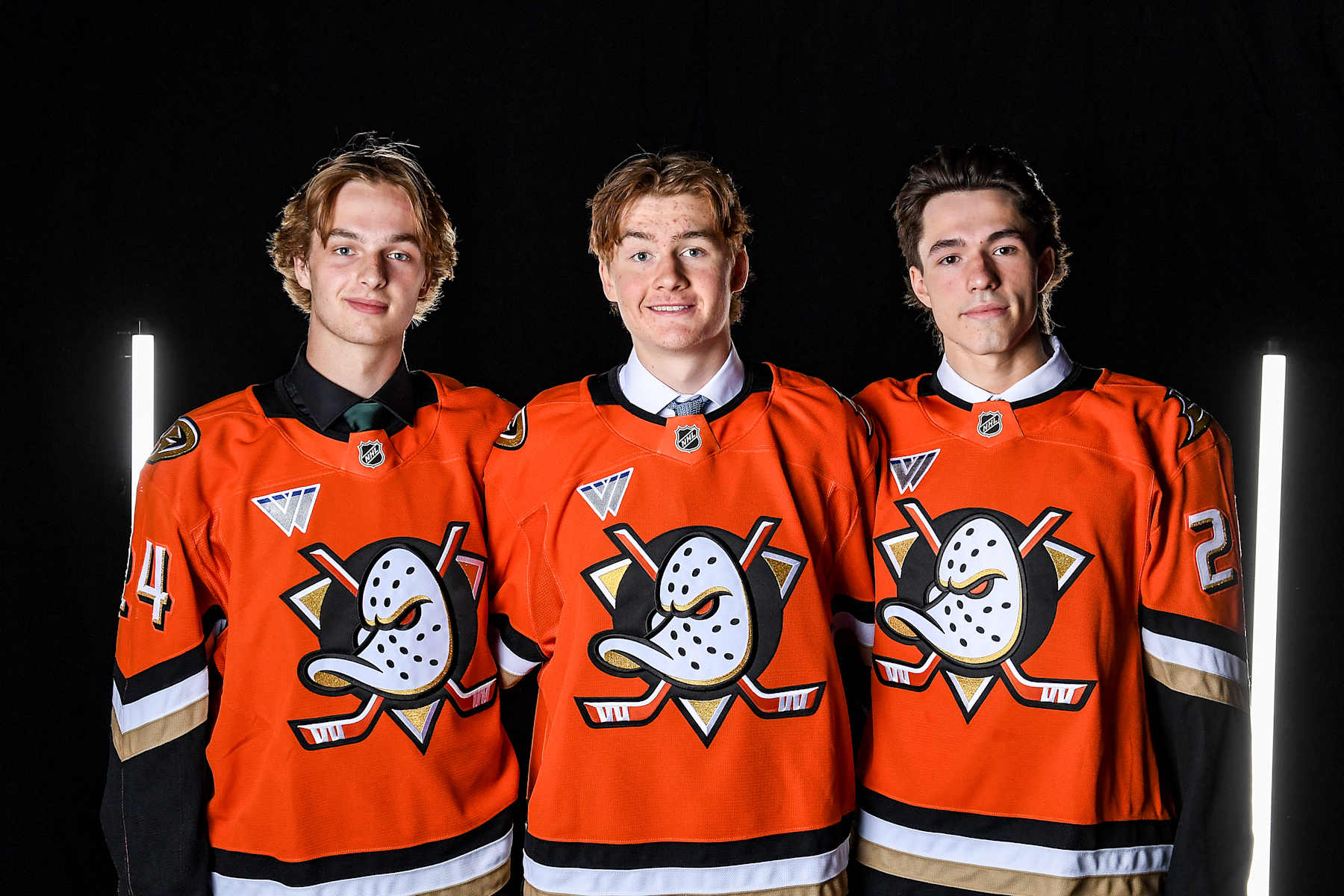 LAS VEGAS, NEVADA - JUNE 29: Tarin Smith, Ethan Procyszyn and Maxim Massé pose for a portrait after being drafted by the Anaheim Ducks in the 2024 Upper Deck NHL Draft at Sphere on June 29, 2024 in Las Vegas, Nevada. (Photo by Candice Ward/Getty Images)
