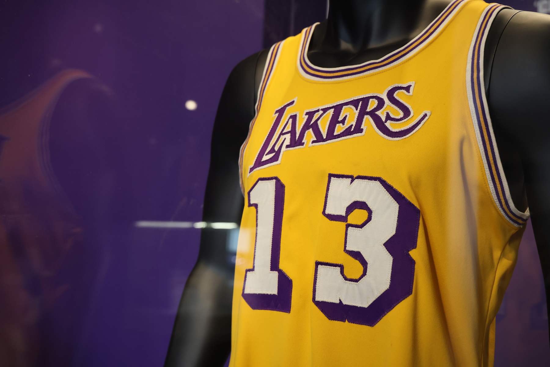 LOS ANGELES, CALIFORNIA - AUGUST 01: Wilt Chamberlain's 1972 NBA Finals jersey from the Los Angeles Lakers 1st ever Championship is on display during the press preview at Sotheby's Auction House on August 01, 2023 in Los Angeles, California. (Photo by Rodin Eckenroth/Getty Images)