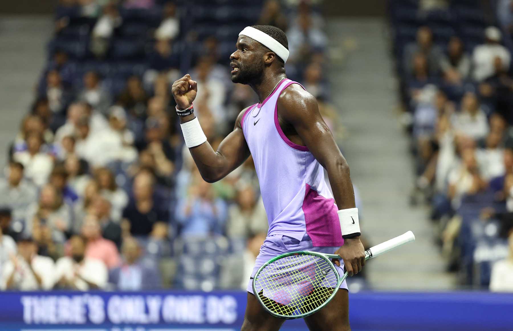 USA's Frances Tiafoe reacts as he wins a game against Bulgaria's Grigor Dimitrov during their men's quarterfinals match on day nine of the US Open tennis tournament at the USTA Billie Jean King National Tennis Center in New York City, on September 3, 2024. (Photo by CHARLY TRIBALLEAU / AFP) (Photo by CHARLY TRIBALLEAU/AFP via Getty Images)