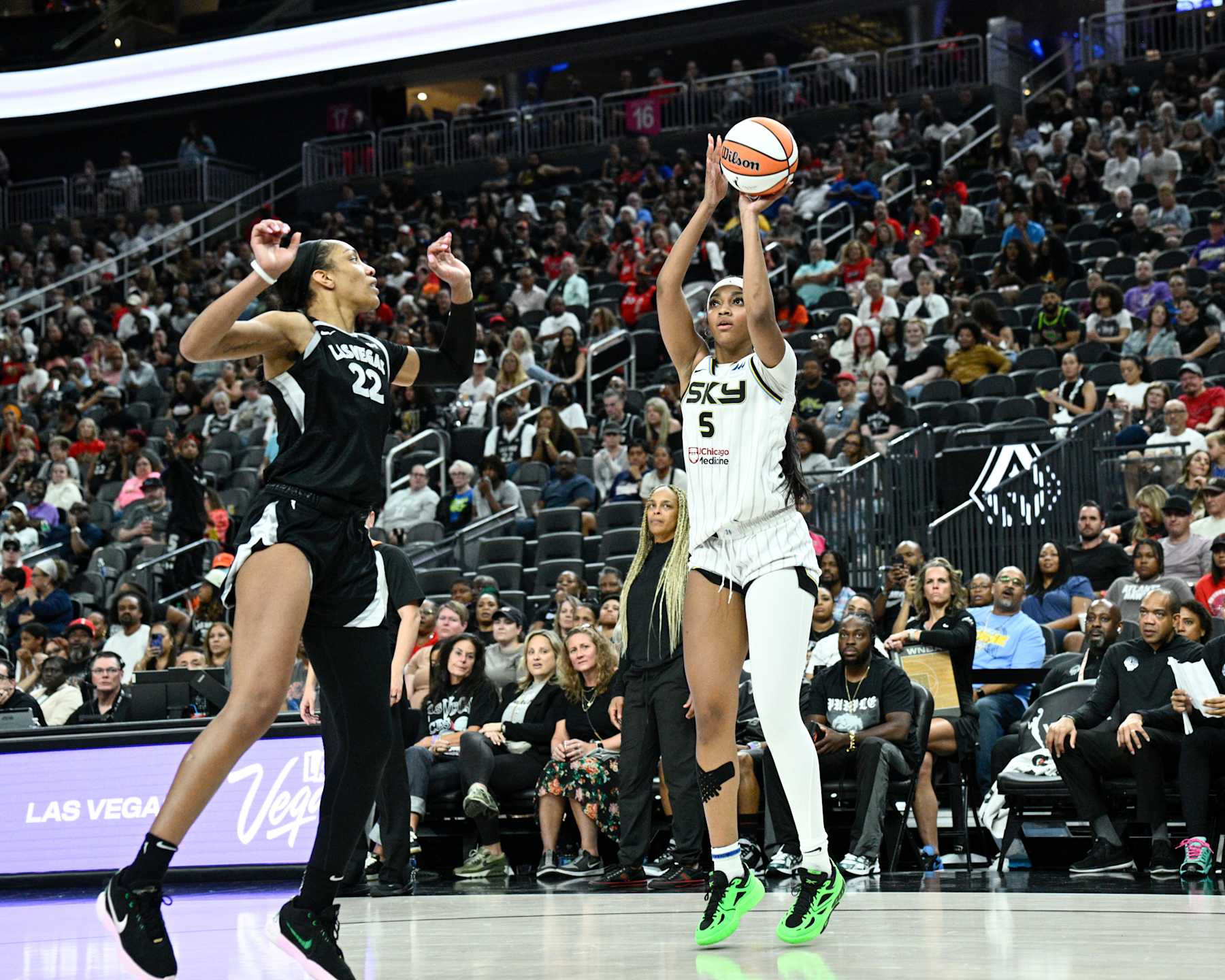 LAS VEGAS, NV - SEPTEMBER 3: Angel Reese #5 of the Chicago Sky shoots the ball during the game on September 3, 2024 at T-Mobile Arena in Las Vegas, Nevada. NOTE TO USER: User expressly acknowledges and agrees that, by downloading and or using this photograph, User is consenting to the terms and conditions of the Getty Images License Agreement. Mandatory Copyright Notice: Copyright 2024 NBAE (Photo by Stephen Greathouse/NBAE via Getty Images)