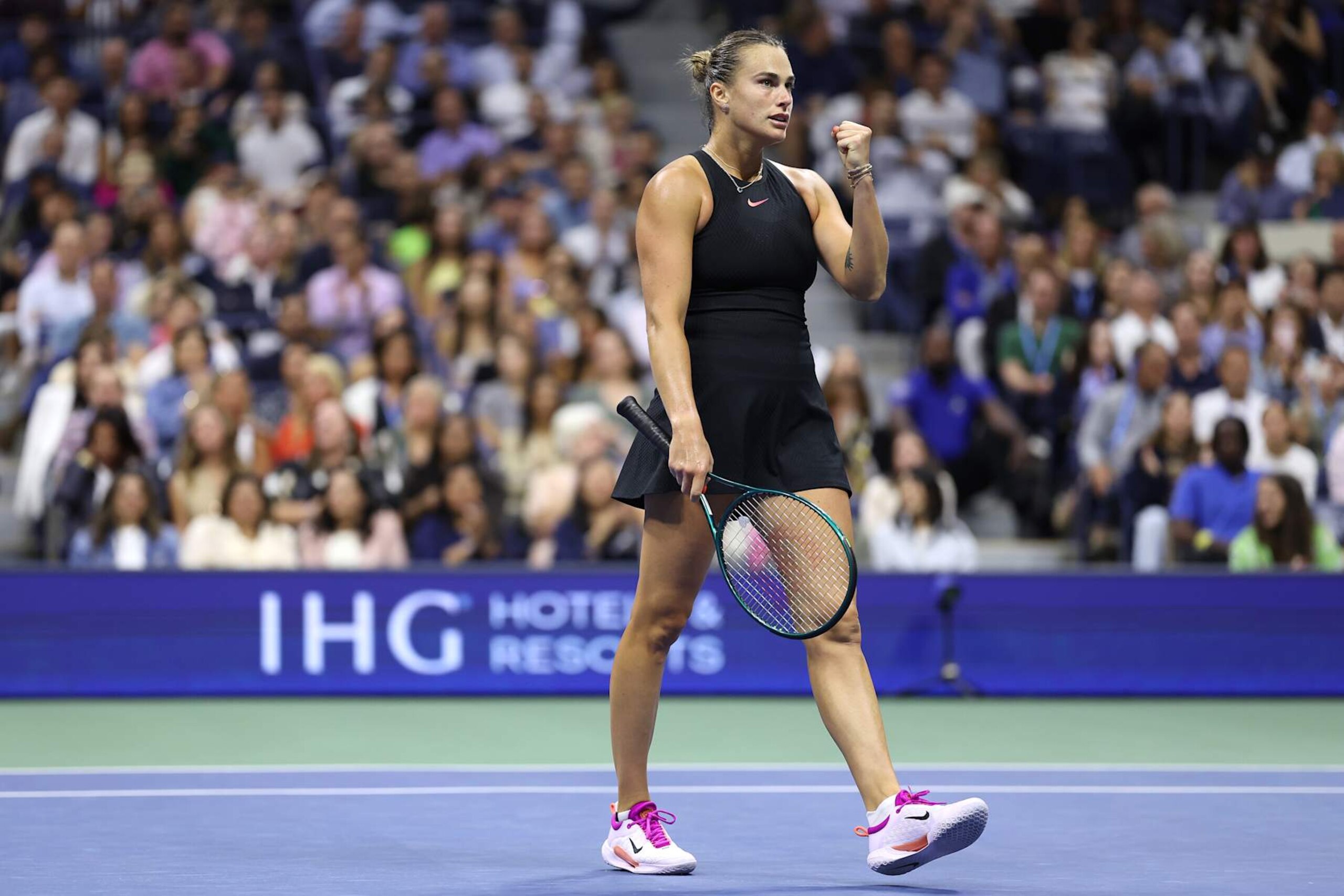 NEW YORK, NEW YORK - SEPTEMBER 05: Aryna Sabalenka of Belarus reacts against Emma Navarro of the United States during their Women's Singles Semifinal match on Day Eleven of the 2024 US Open at USTA Billie Jean King National Tennis Center on September 05, 2024 in the Flushing neighborhood of the Queens borough of New York City. (Photo by Sarah Stier/Getty Images) NEW YORK, NEW YORK - SEPTEMBER 05: Aryna Sabalenka of Belarus reacts against Emma Navarro of the United States during their Women's Singles Semifinal match on Day Eleven of the 2024 US Open at USTA Billie Jean King National Tennis Center on September 05, 2024 in the Flushing neighborhood of the Queens borough of New York City. (Photo by Sarah Stier/Getty Images)