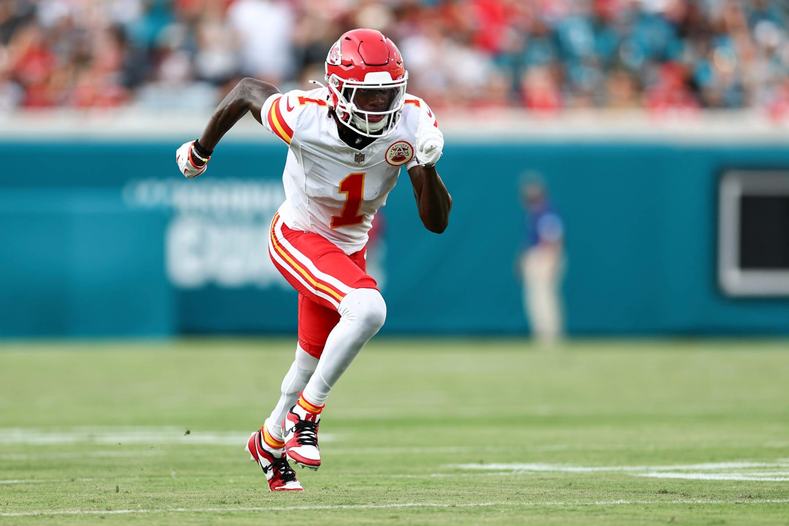 JACKSONVILLE, FL - AUGUST 10: Xavier Worthy #1 of the Kansas City Chiefs runs downfield during an NFL preseason football game against the Jacksonville Jaguars at EverBank Stadium on August 10, 2024 in Jacksonville, Florida. (Photo by Kevin Sabitus/Getty Images)