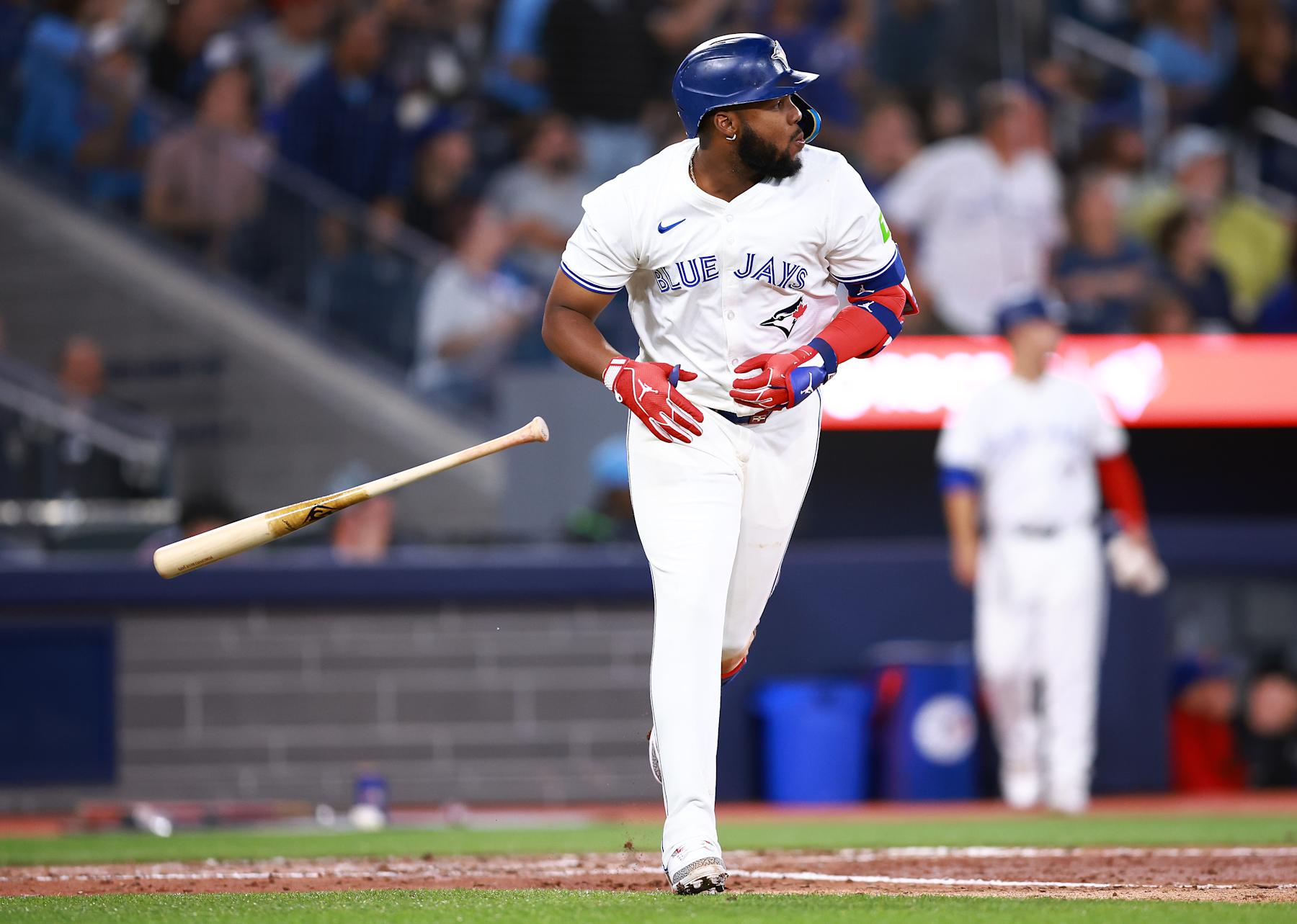 TORONTO, ON - SEPTEMBER 03: Vladimir Guerrero Jr. #27 of the Toronto Blue Jays hits a 2 run home run in the sixth inning during a game against the Philadelphia Phillies at Rogers Centre on September 03, 2024 in Toronto, Ontario, Canada. (Photo by Vaughn Ridley/Getty Images)