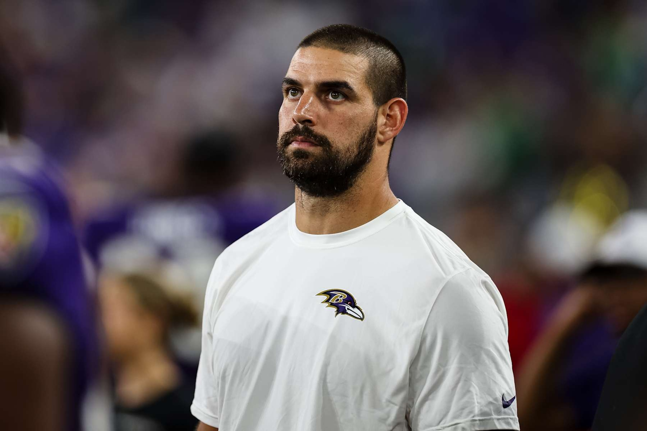 BALTIMORE, MD - AUGUST 09: Mark Andrews #89 of the Baltimore Ravens looks on during the second half of a preseason game against the Philadelphia Eagles at M&T Bank Stadium on August 9, 2024 in Baltimore, Maryland. (Photo by Scott Taetsch/Getty Images)