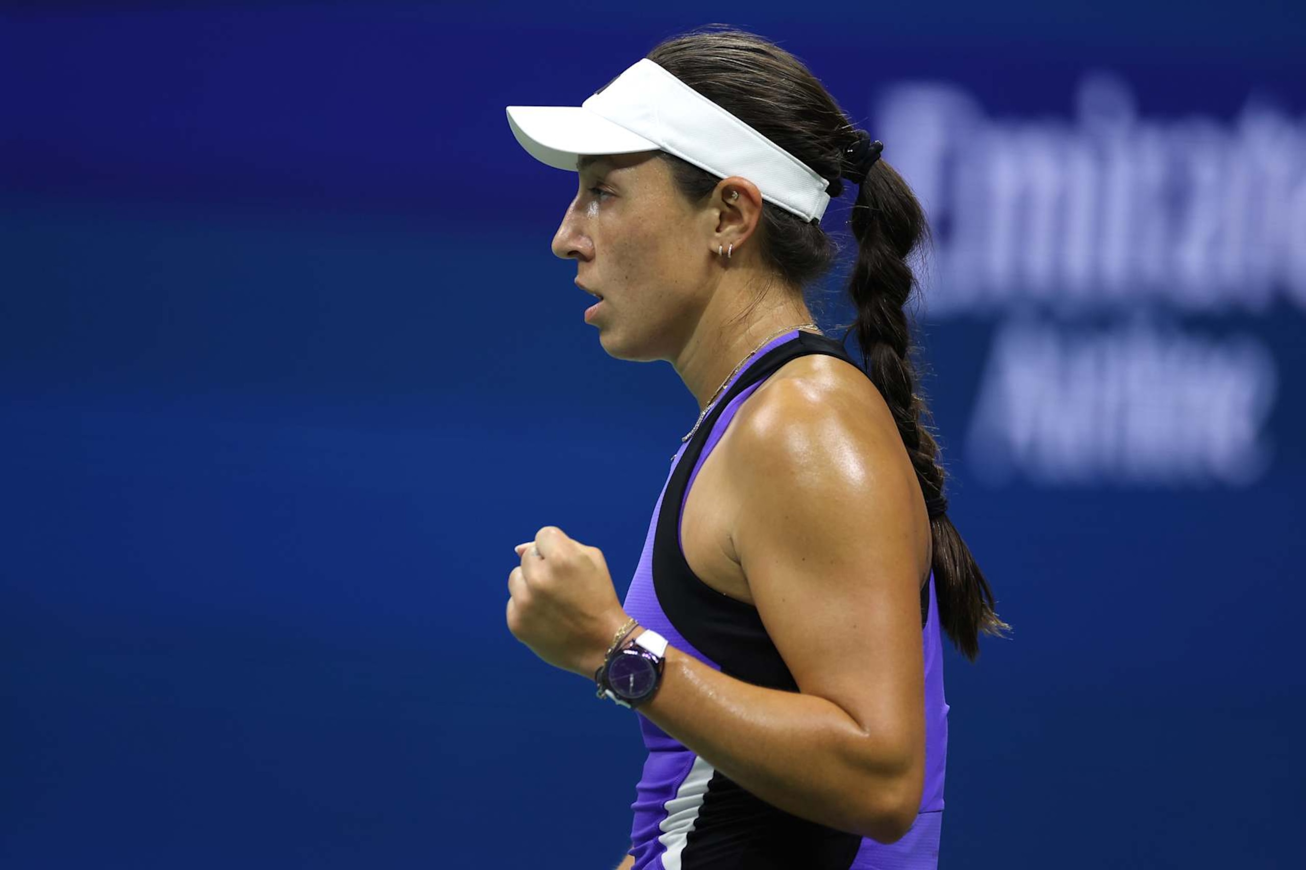 NEW YORK, NEW YORK - SEPTEMBER 05: Jessica Pegula of the United States reacts against Karolina Muchova of the Czech Republic during their Women's Singles Semifinal match on Day Eleven of the 2024 US Open at USTA Billie Jean King National Tennis Center on September 05, 2024 in the Flushing neighborhood of the Queens borough of New York City. (Photo by Sarah Stier/Getty Images) NEW YORK, NEW YORK - SEPTEMBER 05: Jessica Pegula of the United States reacts against Karolina Muchova of the Czech Republic during their Women's Singles Semifinal match on Day Eleven of the 2024 US Open at USTA Billie Jean King National Tennis Center on September 05, 2024 in the Flushing neighborhood of the Queens borough of New York City. (Photo by Sarah Stier/Getty Images)