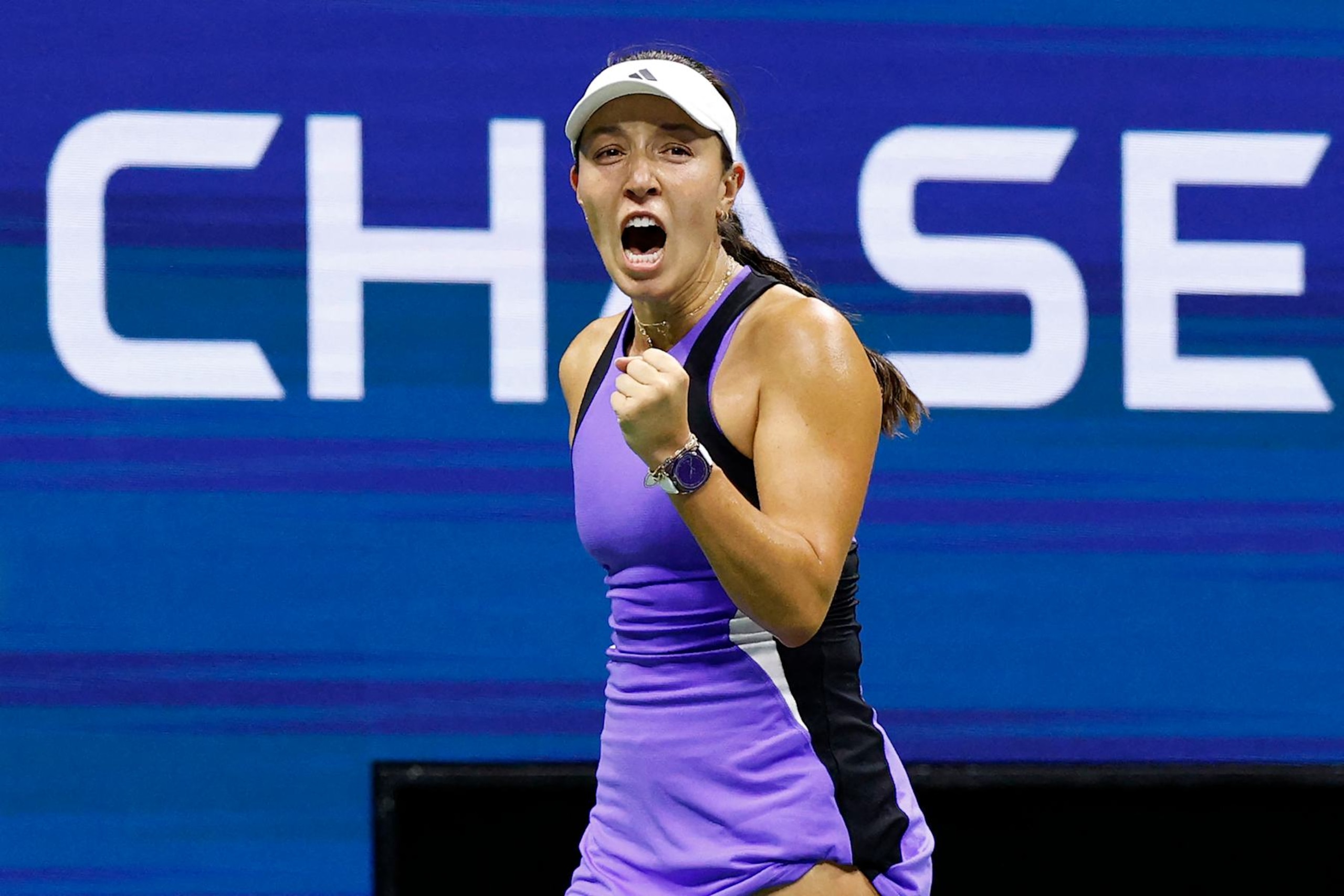 USA's Jessica Pegula reacts after a point won against Czech Republic's Karolina Muchova during their women's semifinals match on day eleven of the US Open tennis tournament at the USTA Billie Jean King National Tennis Center in New York City, on September 5, 2024. (Photo by KENA BETANCUR / AFP) (Photo by KENA BETANCUR/AFP via Getty Images) USA's Jessica Pegula reacts after a point won against Czech Republic's Karolina Muchova during their women's semifinals match on day eleven of the US Open tennis tournament at the USTA Billie Jean King National Tennis Center in New York City, on September 5, 2024. (Photo by KENA BETANCUR / AFP) (Photo by KENA BETANCUR/AFP via Getty Images)