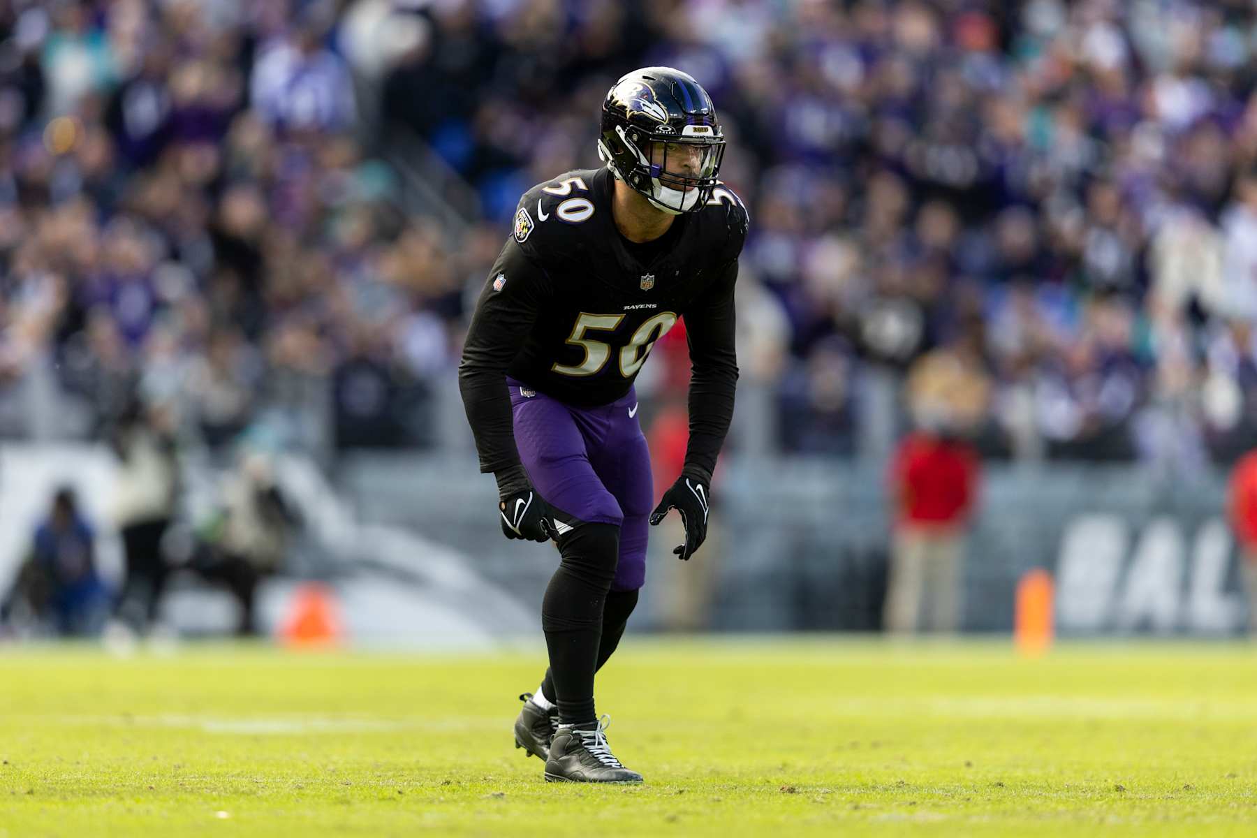 BALTIMORE, MARYLAND - DECEMBER 31: Kyle Van Noy #50 of the Baltimore Ravens lines up during an NFL football game between the Baltimore Ravens and the Miami Dolphins at M&T Bank Stadium on December 31, 2023 in Baltimore, Maryland. (Photo by Michael Owens/Getty Images)