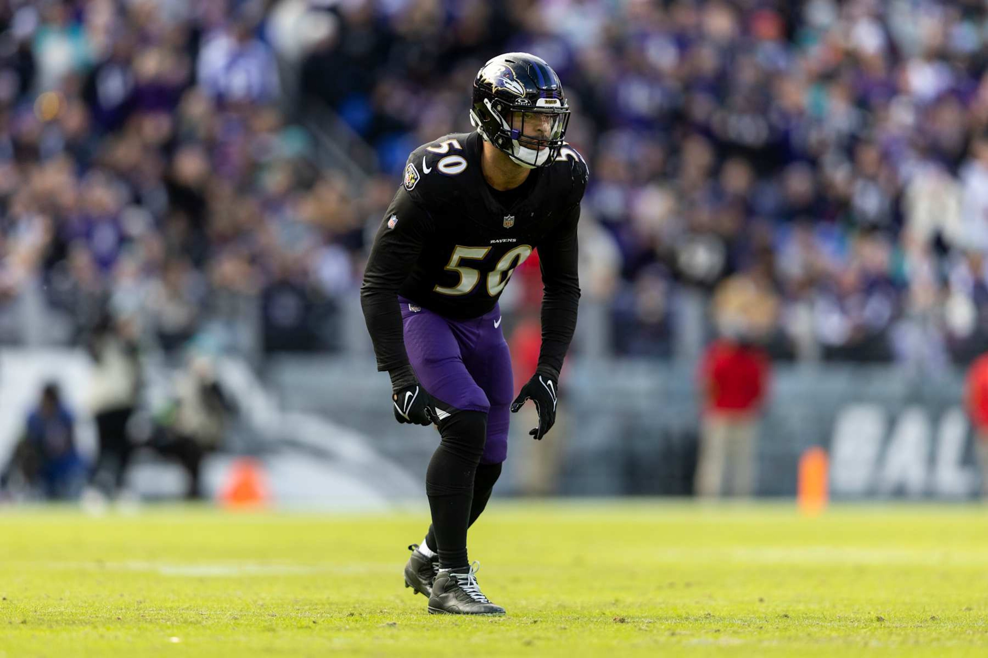 BALTIMORE, MARYLAND - DECEMBER 31: Kyle Van Noy #50 of the Baltimore Ravens lines up during an NFL football game between the Baltimore Ravens and the Miami Dolphins at M&T Bank Stadium on December 31, 2023 in Baltimore, Maryland. (Photo by Michael Owens/Getty Images)