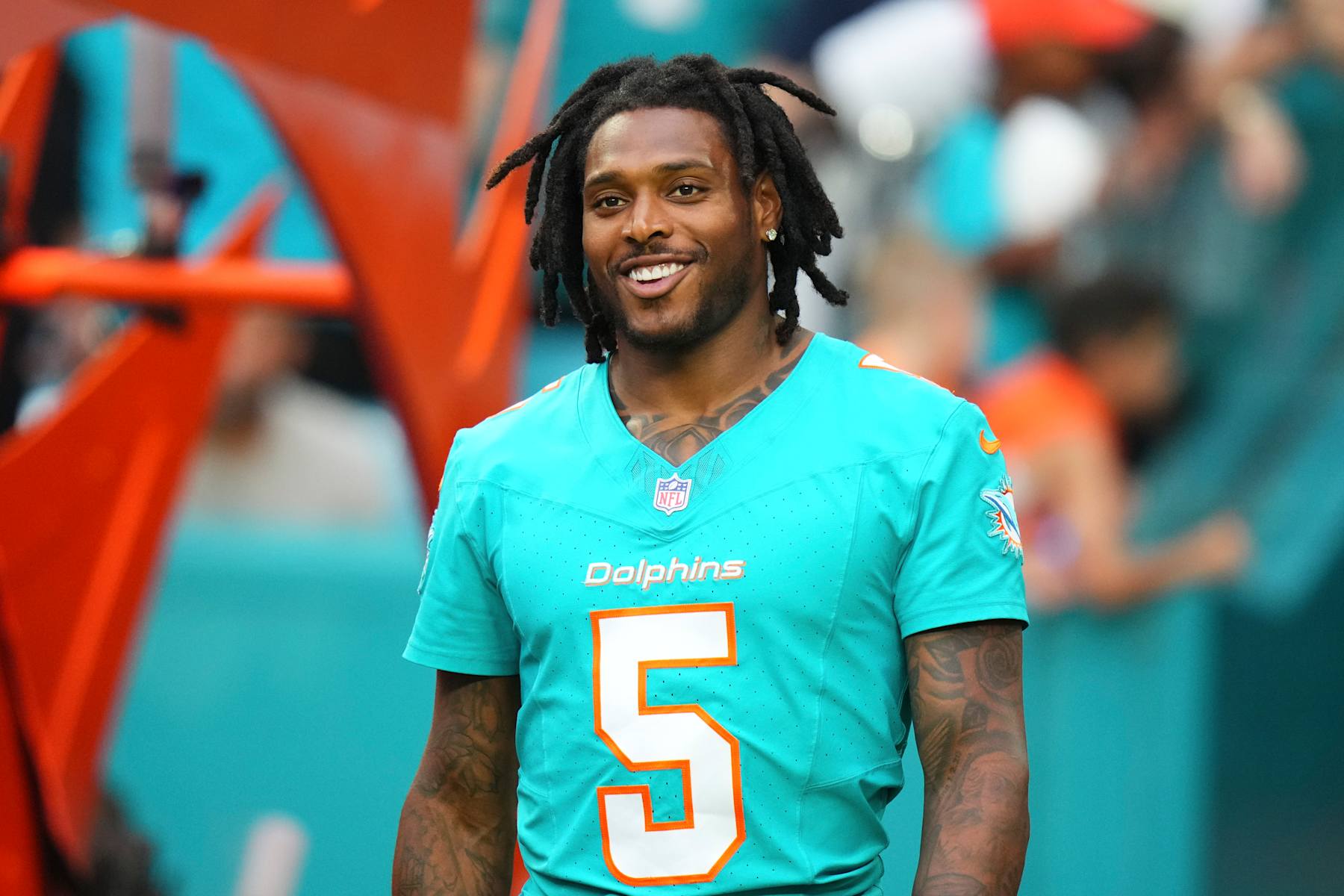 MIAMI GARDENS, FLORIDA - AUGUST 09: Jalen Ramsey #5 of the Miami Dolphins enters the filed prior to a preseason game against the Atlanta Falcons at Hard Rock Stadium on August 09, 2024 in Miami Gardens, Florida. (Photo by Rich Storry/Getty Images)