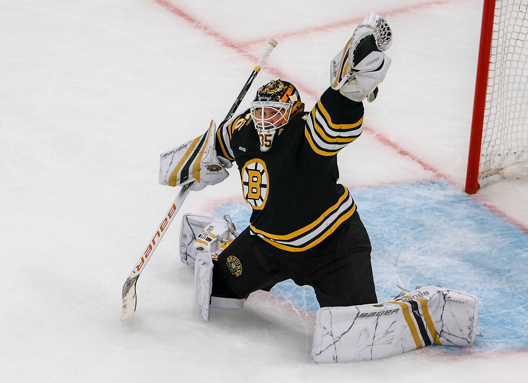 Boston, MA - April 22: Boston Bruins goaltender Linus Ullmark makes a glove save in the second period. (Photo by Matthew J. Lee/The Boston Globe via Getty Images)