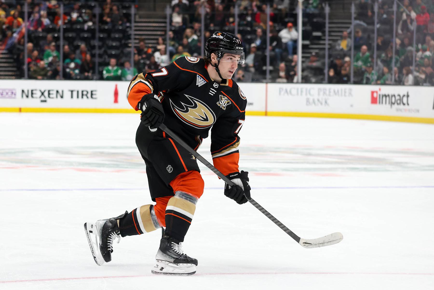 ANAHEIM, CA - MARCH 8:  Frank Vatrano #77 of the Anaheim Ducks skates on the ice during the third period against the Dallas Stars at Honda Center on March 8, 2024 in Anaheim, California. (Photo by Debora Robinson/NHLI via Getty Images)