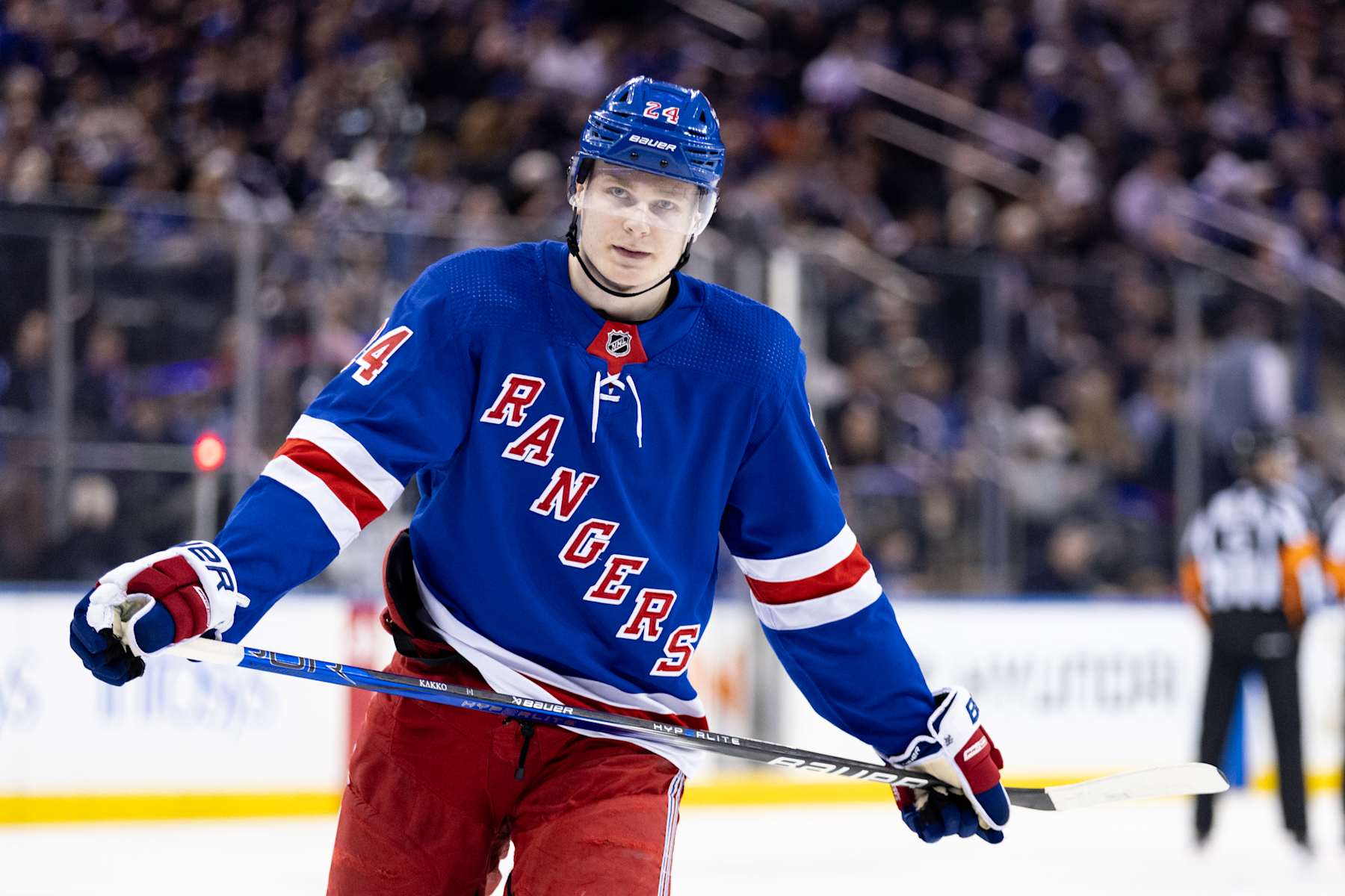 NEW YORK, NEW YORK - APRIL 11: Kaapo Kakko #24 of the New York Rangers looks on during the first period of the game against the Philadelphia Flyers at Madison Square Garden on April 11, 2024 in New York City. (Photo by Dustin Satloff/Getty Images)