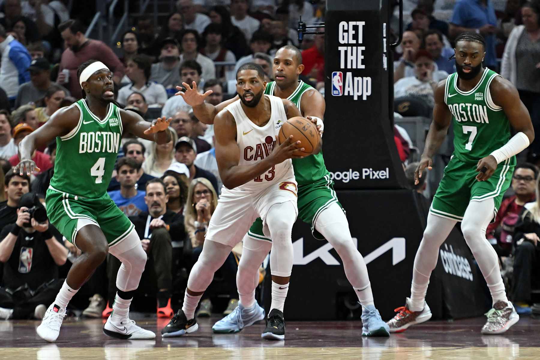 CLEVELAND, OHIO - MAY 13: Tristan Thompson #13 of the Cleveland Cavaliers looks to pass during the second quarter in Game Four of the Eastern Conference Second Round Playoffs at Rocket Mortgage Fieldhouse on May 13, 2024 in Cleveland, Ohio. NOTE TO USER: User expressly acknowledges and agrees that, by downloading and or using this photograph, User is consenting to the terms and conditions of the Getty Images License Agreement. (Photo by Nick Cammett/Getty Images)