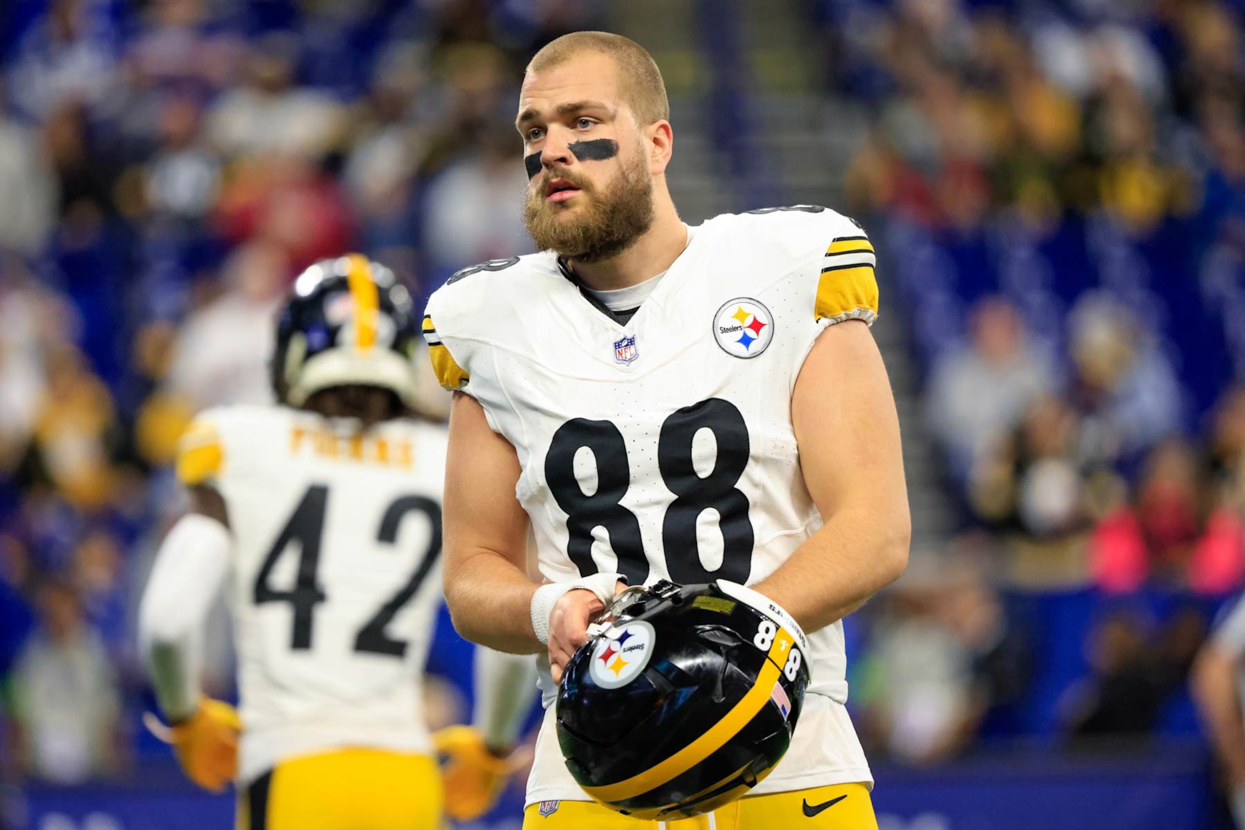 INDIANAPOLIS, INDIANA - DECEMBER 16: Pat Freiermuth #88 of the Pittsburgh Steelers looks on prior to a game against the Indianapolis Colts at Lucas Oil Stadium on December 16, 2023 in Indianapolis, Indiana. (Photo by Justin Casterline/Getty Images)