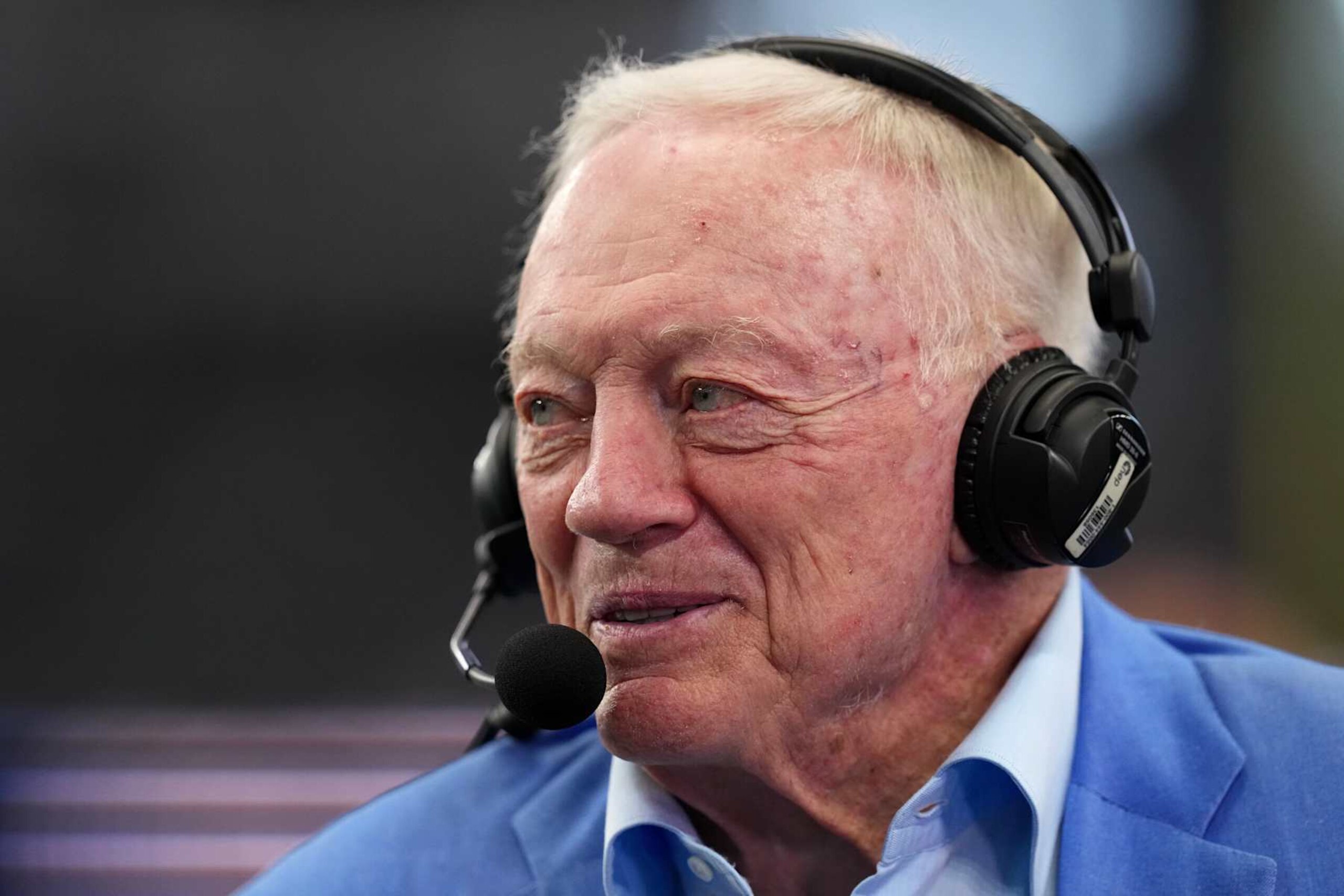 ARLINGTON, TEXAS - AUGUST 24: Dallas Cowboys owner Jerry Jones is interviewed before a preseason game against the Los Angeles Chargers at AT&T Stadium on August 24, 2024 in Arlington, Texas. (Photo by Sam Hodde/Getty Images)
