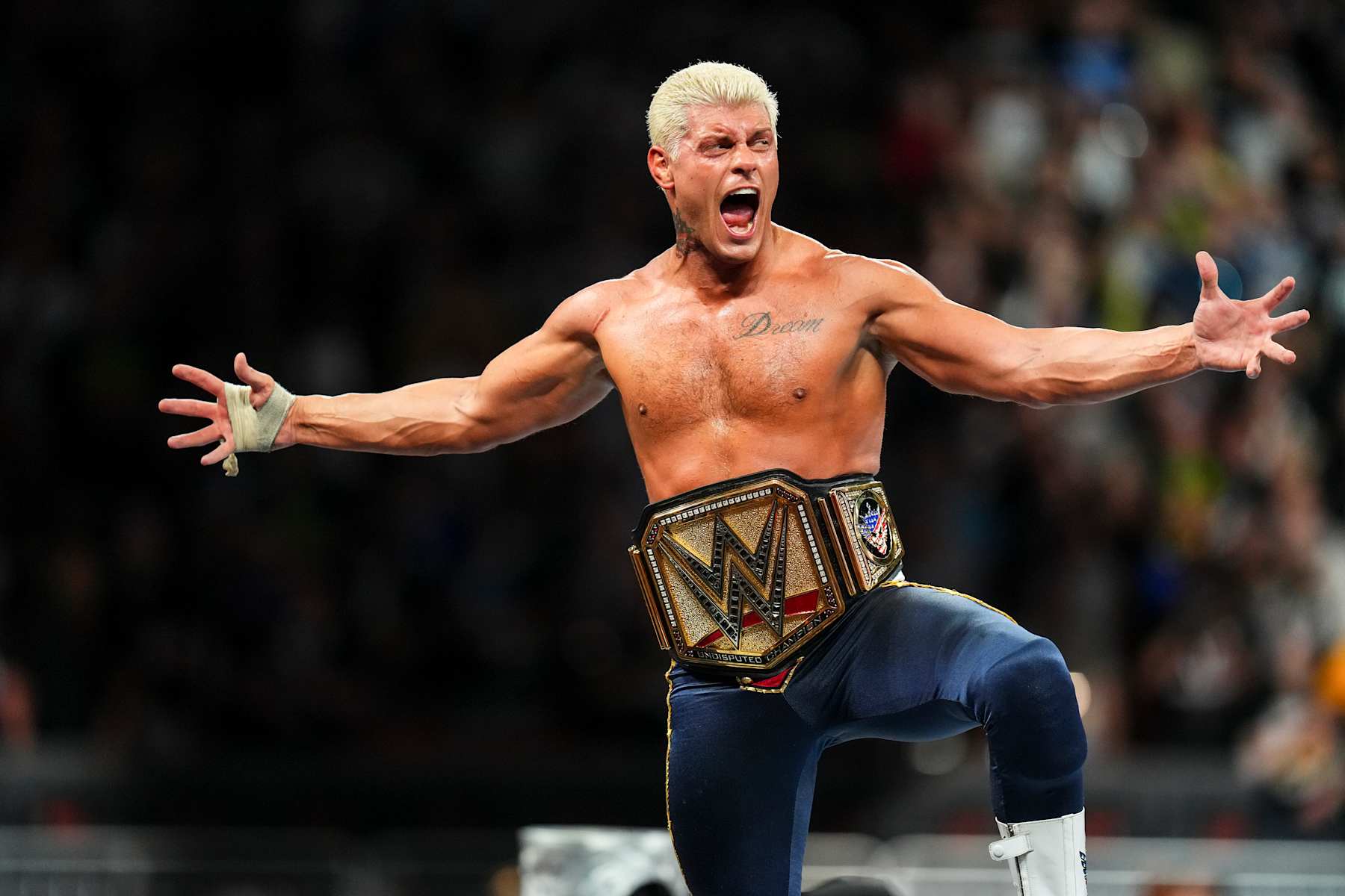 CLEVELAND, OHIO - AUGUST 03: Cody Rhodes celebrates his win during SummerSlam at Cleveland Browns Stadium on August 3, 2024 in Cleveland, Ohio. (Photo by WWE/Getty Images)