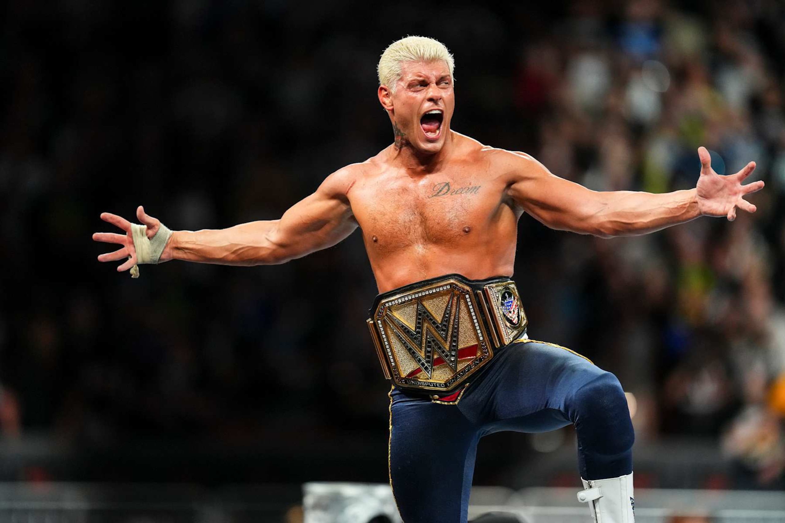 CLEVELAND, OHIO - AUGUST 03: Cody Rhodes celebrates his win during SummerSlam at Cleveland Browns Stadium on August 3, 2024 in Cleveland, Ohio. (Photo by WWE/Getty Images)