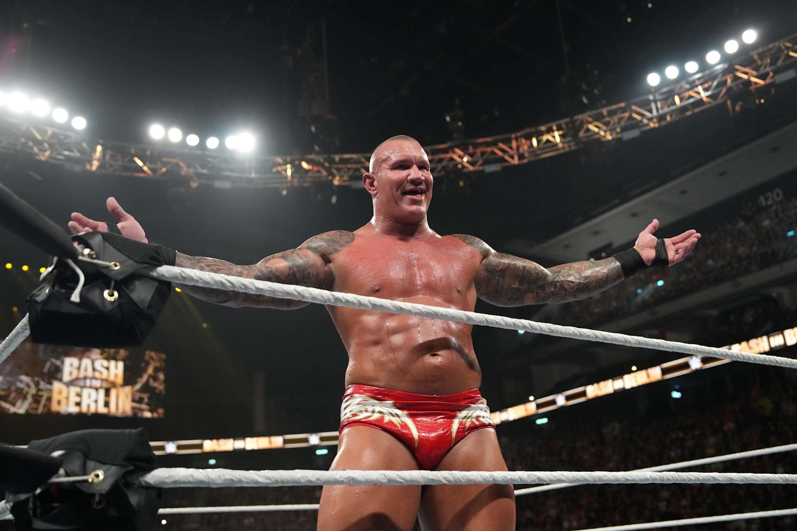 BERLIN, GERMANY - AUGUST 31: Randy Orton reacts during the WWE Bash in Berlin Premium Live Event at Uber Arena on August 31, 2024 in Berlin, Germany. (Photo by WWE/Getty Images) BERLIN, GERMANY - AUGUST 31: Randy Orton reacts during the WWE Bash in Berlin Premium Live Event at Uber Arena on August 31, 2024 in Berlin, Germany. (Photo by WWE/Getty Images)
