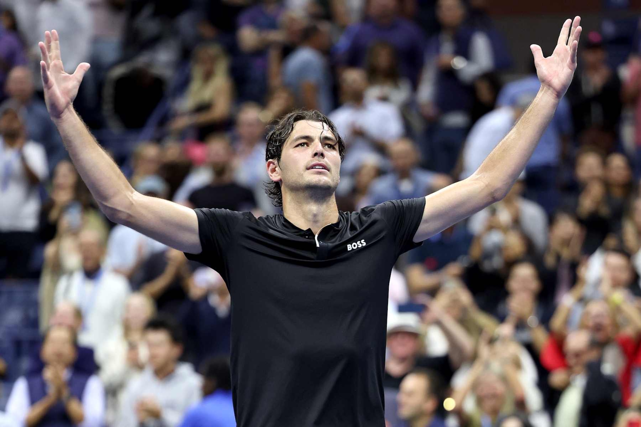 NEW YORK, NEW YORK - SEPTEMBER 06:  Taylor Fritz of the United States celebrates after defeating Frances Tiafoe of the United States in their Men's Singles Semifinal match on Day Twelve of the 2024 US Open at USTA Billie Jean King National Tennis Center on September 06, 2024 in the Flushing neighborhood of the Queens borough of New York City. (Photo by Jamie Squire/Getty Images)