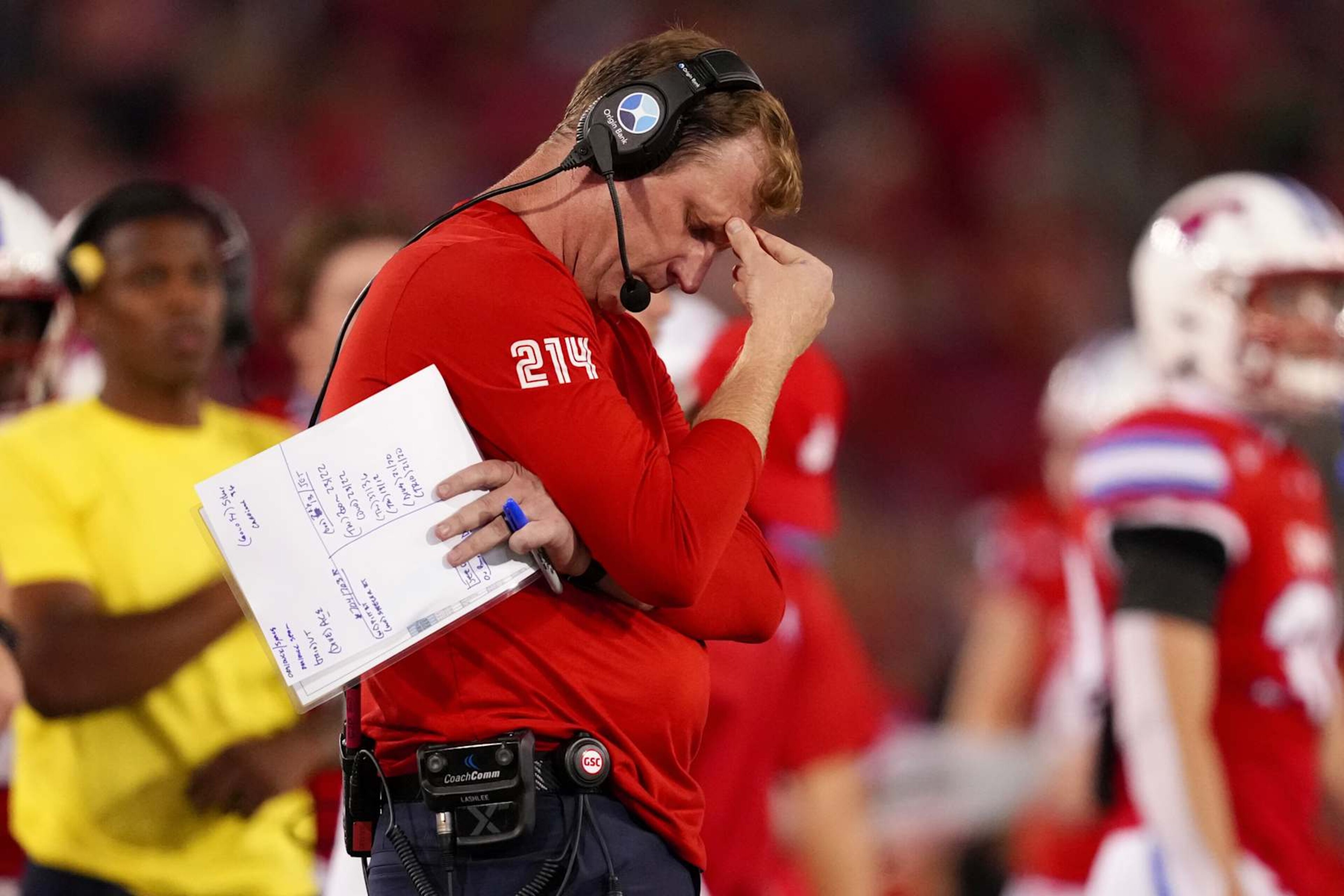 DALLAS, TEXAS - SEPTEMBER 06: Head coach Rhett Lashlee of the Southern Methodist Mustangs reacts during the second half against the Brigham Young Cougars at Gerald J. Ford Stadium on September 06, 2024 in Dallas, Texas. (Photo by Sam Hodde/Getty Images) DALLAS, TEXAS - SEPTEMBER 06: Head coach Rhett Lashlee of the Southern Methodist Mustangs reacts during the second half against the Brigham Young Cougars at Gerald J. Ford Stadium on September 06, 2024 in Dallas, Texas. (Photo by Sam Hodde/Getty Images)