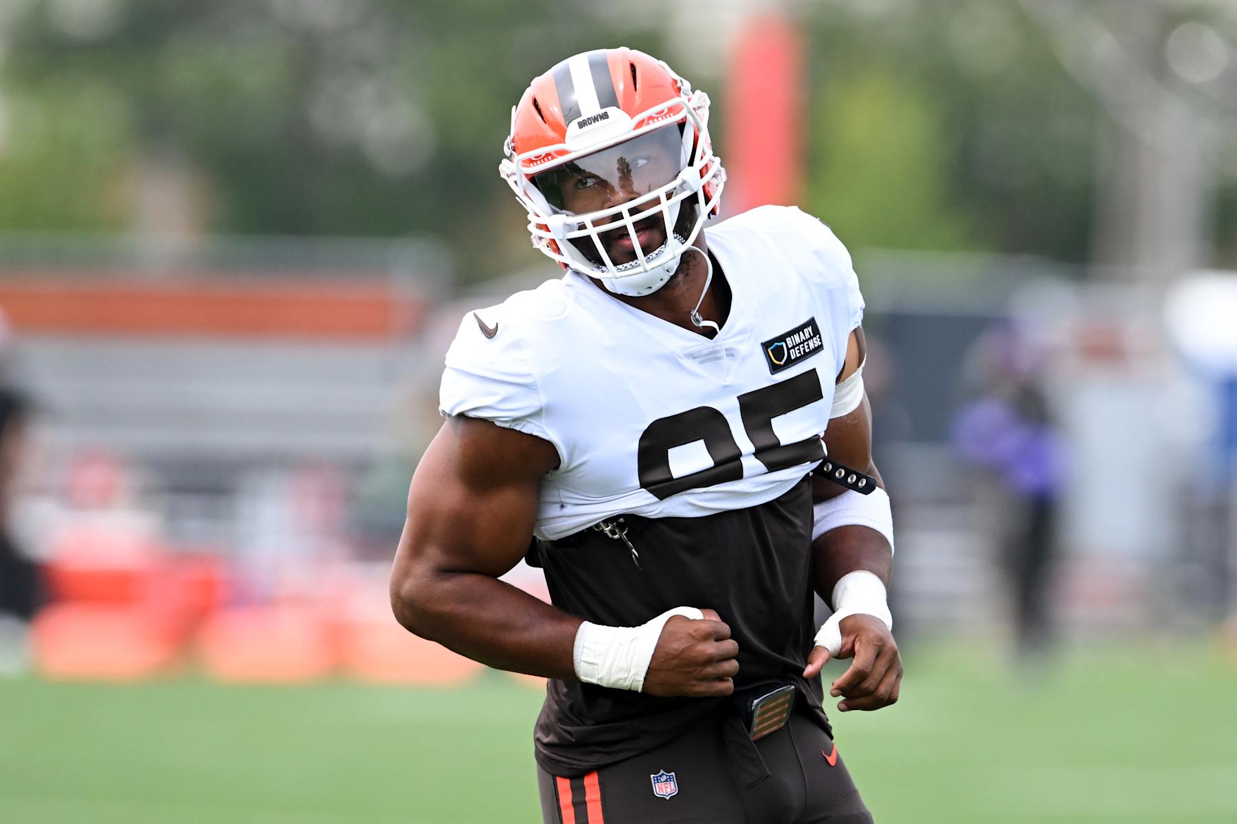 BEREA, OHIO - AUGUST 15: Myles Garrett #95 of the Cleveland Browns runs a drill during a joint training camp practice with the Minnesota Vikings at CrossCountry Mortgage Campus on August 15, 2024 in Berea, Ohio. (Photo by Nick Cammett/Getty Images)