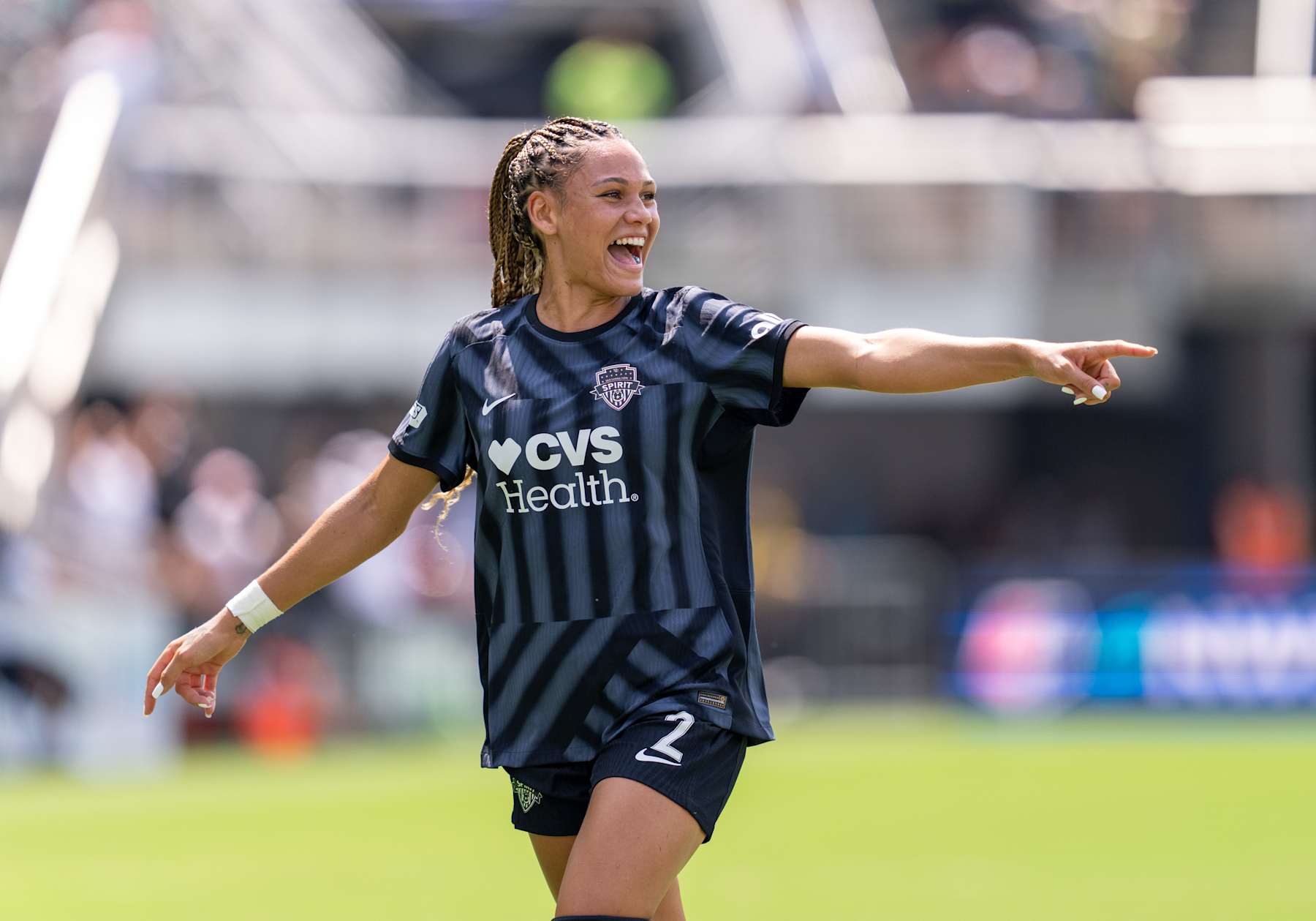 WASHINGTON, DC - AUGUST 25: Trinity Rodman #2 of the Washington Spirit celebrates  during a game between Kansas City Current and Washington Spirit at Audi Field on August 25, 2024 in Washington, DC. (Photo by Brad Smith/ISI Photos/Getty Images)