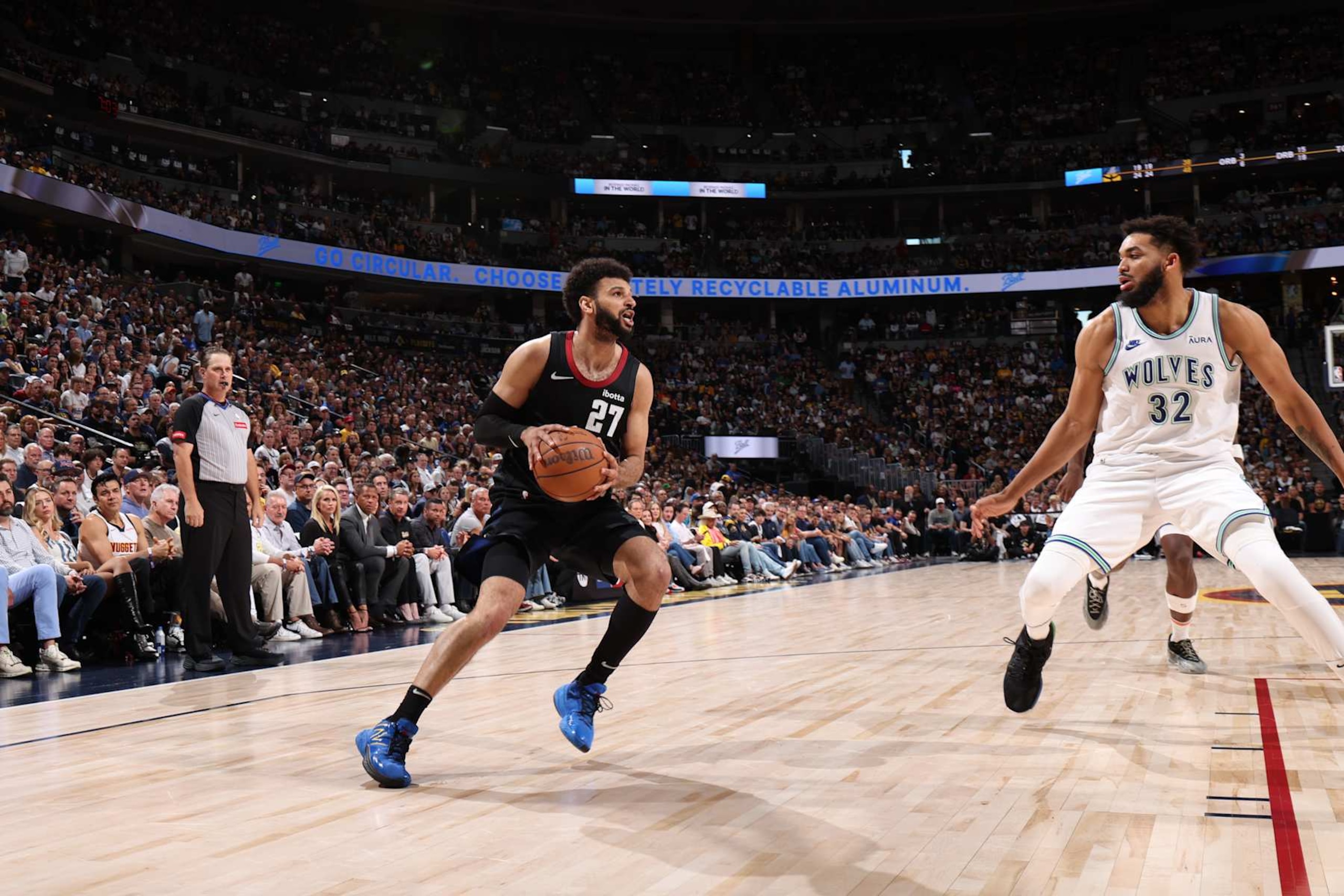 DENVER, CO - MAY 19: Jamal Murray #27 of the Denver Nuggets handles the ball during the game  against the Minnesota Timberwolves during Round 2 Game 7 of the 2024 NBA Playoffs on May 19, 2024 at the Ball Arena in Denver, Colorado. NOTE TO USER: User expressly acknowledges and agrees that, by downloading and/or using this Photograph, user is consenting to the terms and conditions of the Getty Images License Agreement. Mandatory Copyright Notice: Copyright 2023 NBAE (Photo by David Sherman/NBAE via Getty Images)