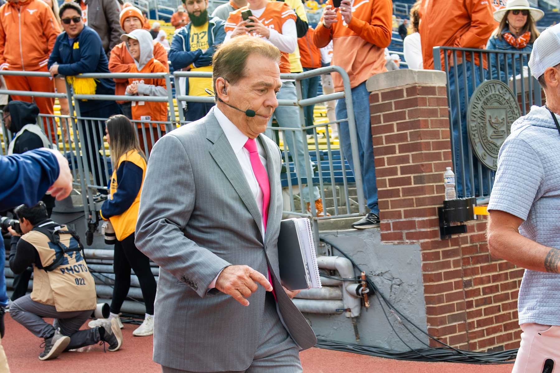 ANN ARBOR, MICHIGAN - SEPTEMBER 07: Former College Football Coach Nick Saban walks on to the field before a college football game between the Michigan Wolverines and the Texas Longhorns at Michigan Stadium on September 07, 2024 in Ann Arbor, Michigan. (Photo by Aaron J. Thornton/Getty Images)