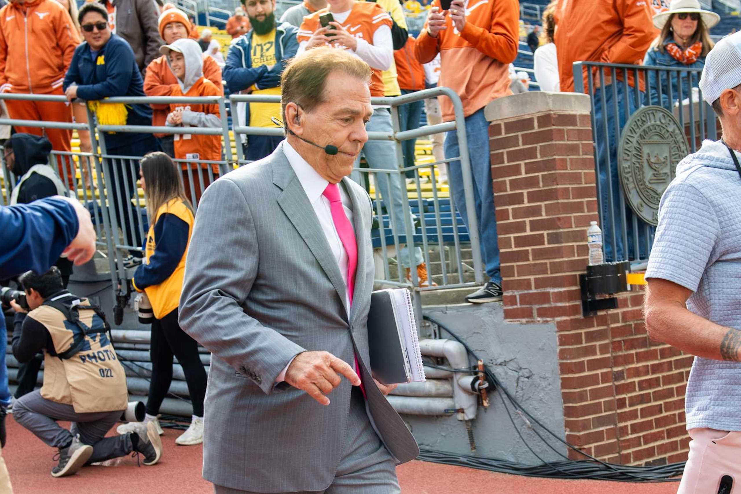 ANN ARBOR, MICHIGAN - SEPTEMBER 07: Former College Football Coach Nick Saban walks on to the field before a college football game between the Michigan Wolverines and the Texas Longhorns at Michigan Stadium on September 07, 2024 in Ann Arbor, Michigan. (Photo by Aaron J. Thornton/Getty Images)