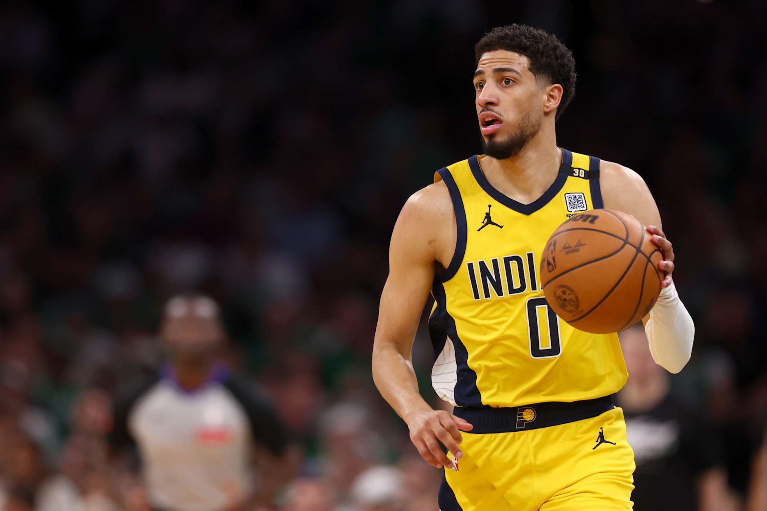BOSTON, MASSACHUSETTS - MAY 23: Tyrese Haliburton #0 of the Indiana Pacers dribbles the ball during the second quarter in Game Two of the Eastern Conference Finals against the Boston Celtics at TD Garden on May 23, 2024 in Boston, Massachusetts. NOTE TO USER: User expressly acknowledges and agrees that, by downloading and or using this photograph, User is consenting to the terms and conditions of the Getty Images License Agreement. (Photo by Maddie Meyer/Getty Images) BOSTON, MASSACHUSETTS - MAY 23: Tyrese Haliburton #0 of the Indiana Pacers dribbles the ball during the second quarter in Game Two of the Eastern Conference Finals against the Boston Celtics at TD Garden on May 23, 2024 in Boston, Massachusetts. NOTE TO USER: User expressly acknowledges and agrees that, by downloading and or using this photograph, User is consenting to the terms and conditions of the Getty Images License Agreement. (Photo by Maddie Meyer/Getty Images)