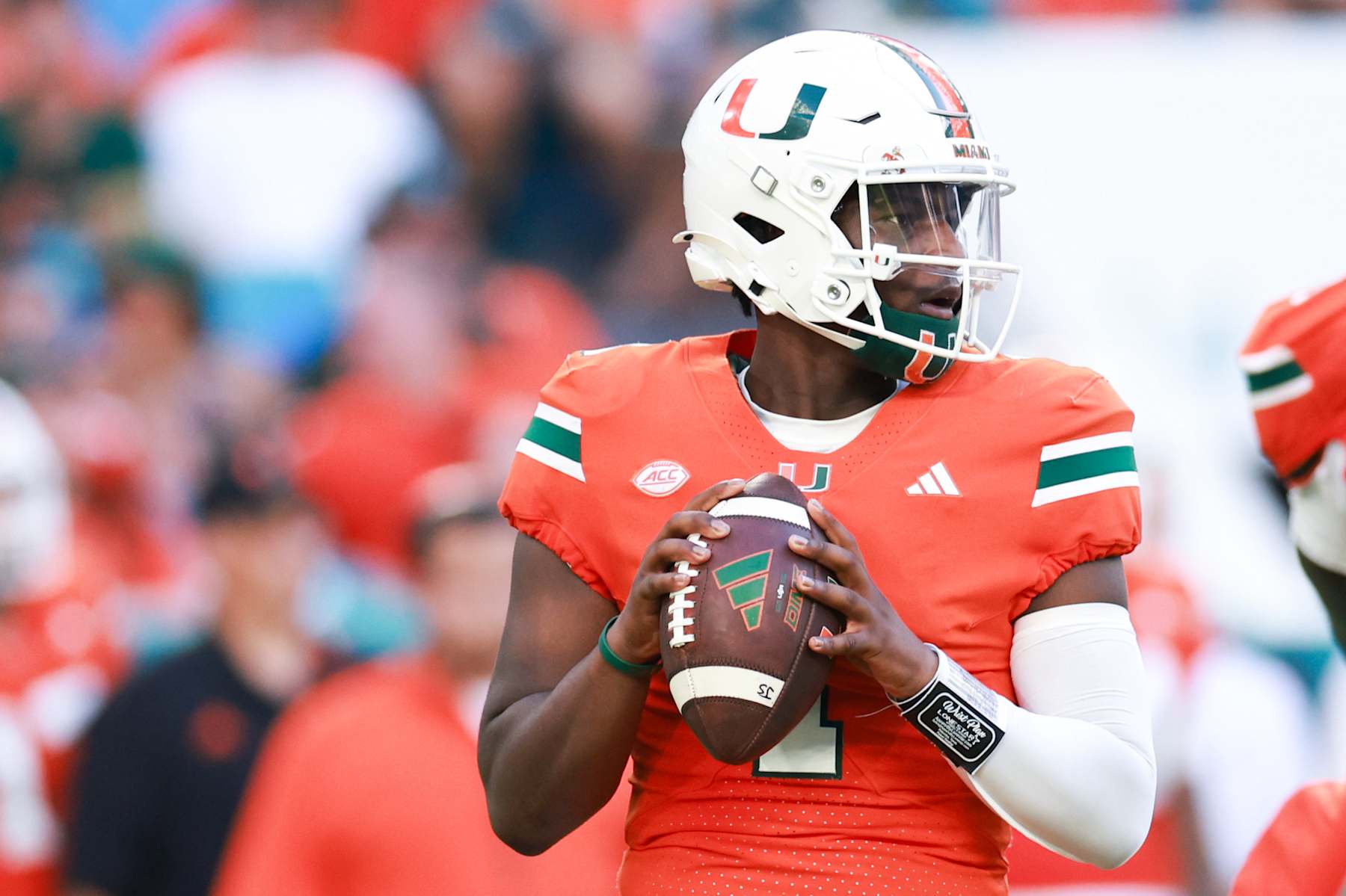 MIAMI GARDENS, FLORIDA - SEPTEMBER 07: Quarterback Cam Ward #1 of the Miami Hurricanes looks to pass against the Florida A&M Rattlers during the first half at Hard Rock Stadium on September 07, 2024 in Miami Gardens, Florida.  (Photo by Carmen Mandato/Getty Images)