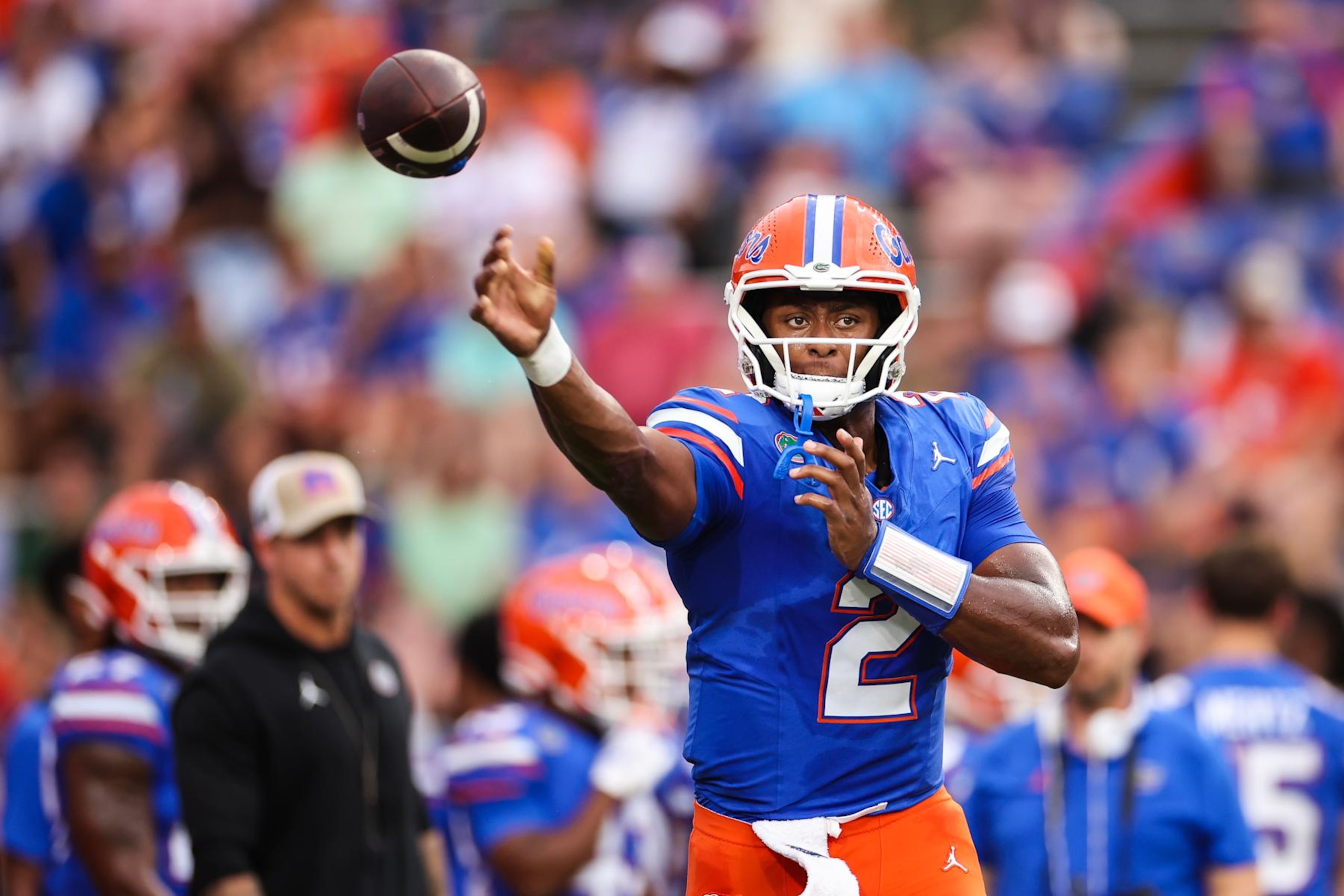 GAINESVILLE, FLORIDA - SEPTEMBER 07: DJ Lagway #2 of the Florida Gators warms up before the start of a game against the Samford Bulldogs at Ben Hill Griffin Stadium on September 07, 2024 in Gainesville, Florida. (Photo by James Gilbert/Getty Images)