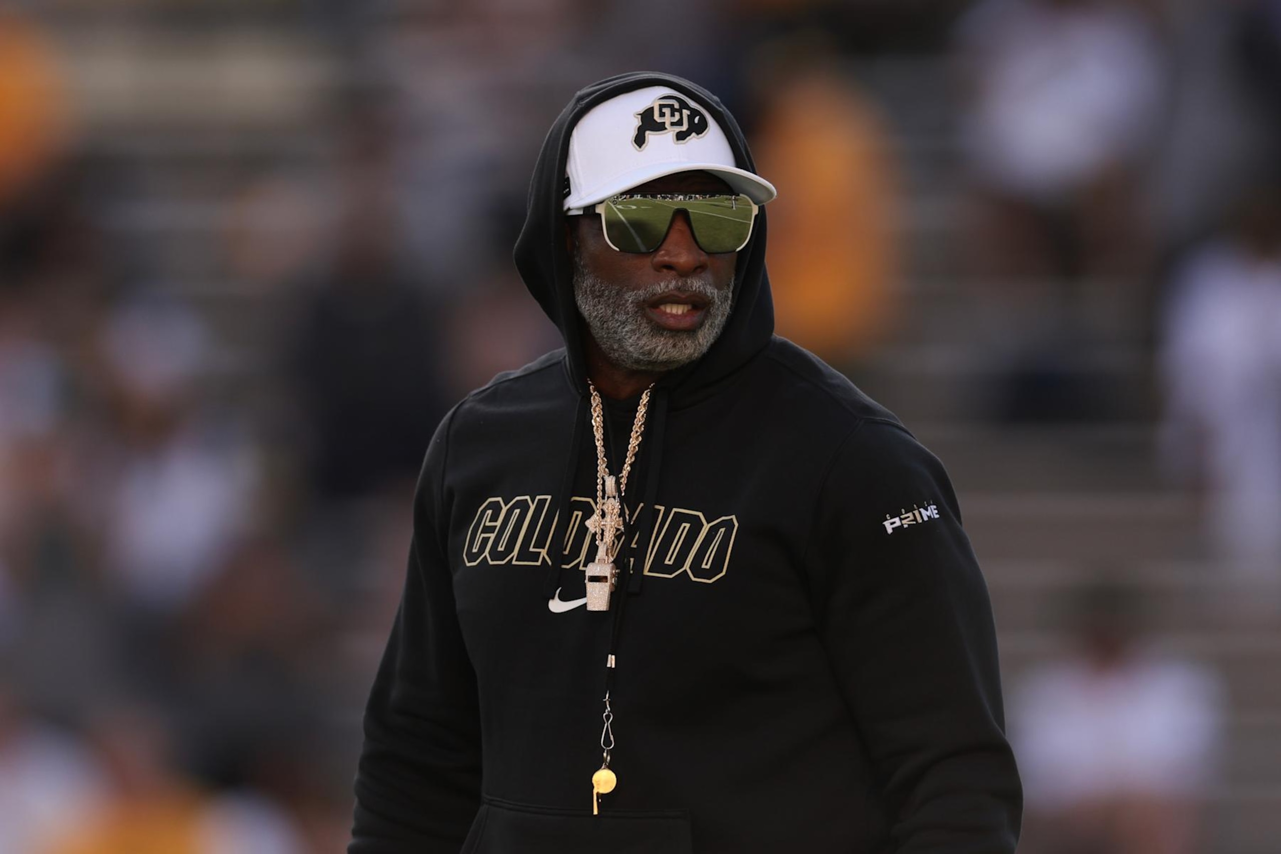BOULDER, COLORADO - AUGUST 29: Head coach Deion Sanders of the Colorado Buffaloes walks the field during warm ups prior to the game against the North Dakota State Bison at Folsom Field on August 29, 2024 in Boulder, Colorado. (Photo by Andrew Wevers/Getty Images)