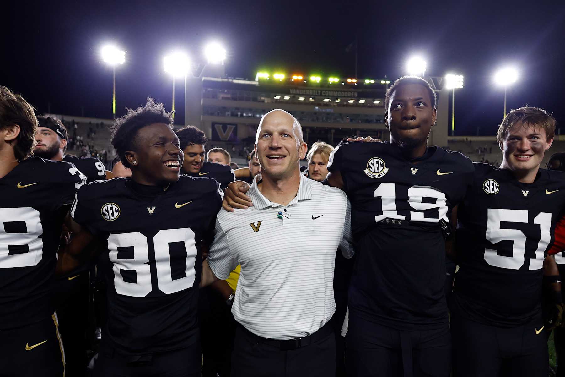 NASHVILLE, TN - SEPTEMBER 07: Vanderbilt Commodores head coach Clark Lea stands with his team to sing the alma mater following a game between the Vanderbilt Commodores and Alcorn State Braves, September 7, 2024 at FirstBank Stadium in Nashville, Tennessee. (Photo by Matthew Maxey/Icon Sportswire via Getty Images)