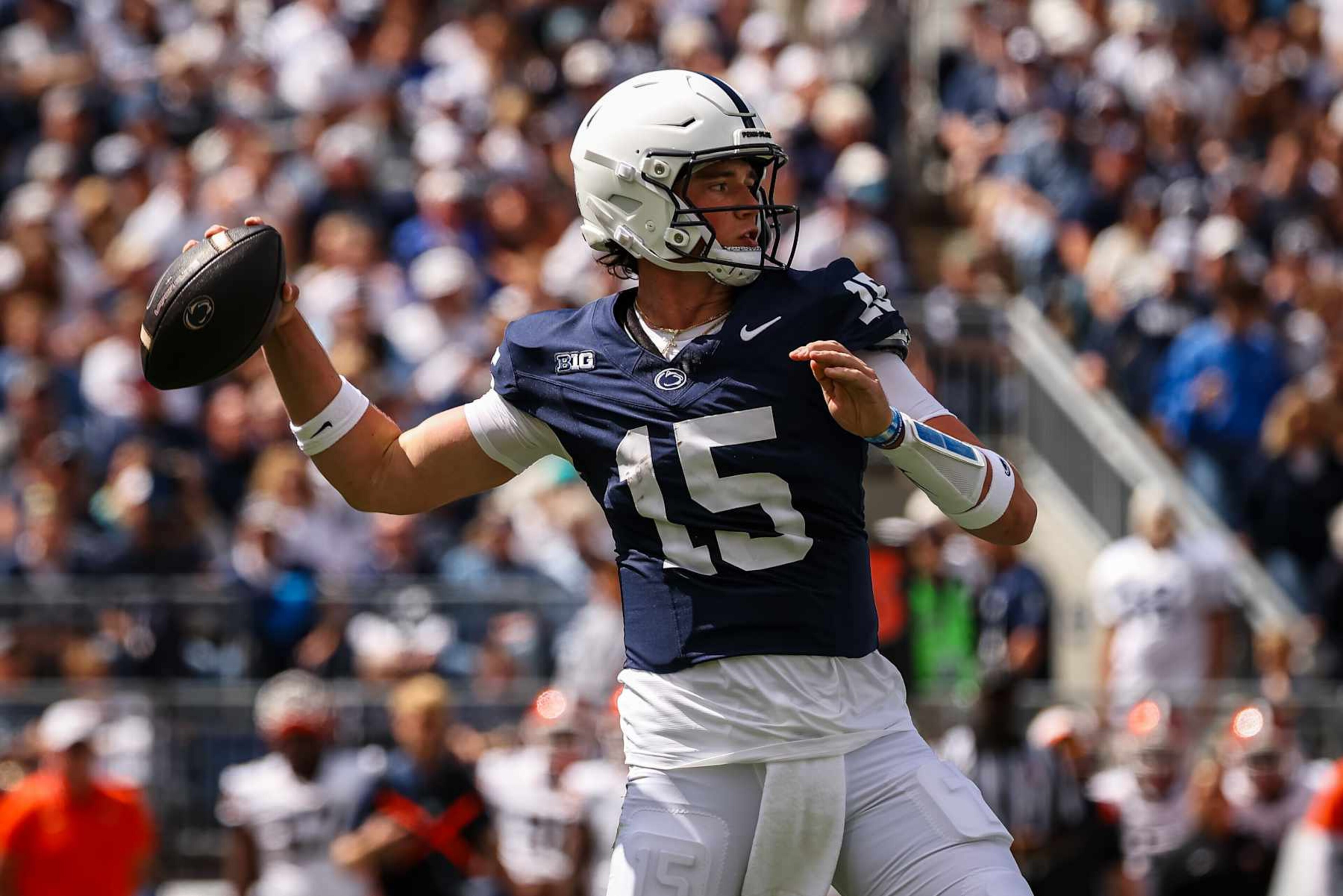 STATE COLLEGE, PA - SEPTEMBER 07: Drew Allar #15 of the Penn State Nittany Lions attempts a pass against the Bowling Green Falcons during the first half at Beaver Stadium on September 7, 2024 in State College, Pennsylvania. (Photo by Scott Taetsch/Getty Images) STATE COLLEGE, PA - SEPTEMBER 07: Drew Allar #15 of the Penn State Nittany Lions attempts a pass against the Bowling Green Falcons during the first half at Beaver Stadium on September 7, 2024 in State College, Pennsylvania. (Photo by Scott Taetsch/Getty Images)